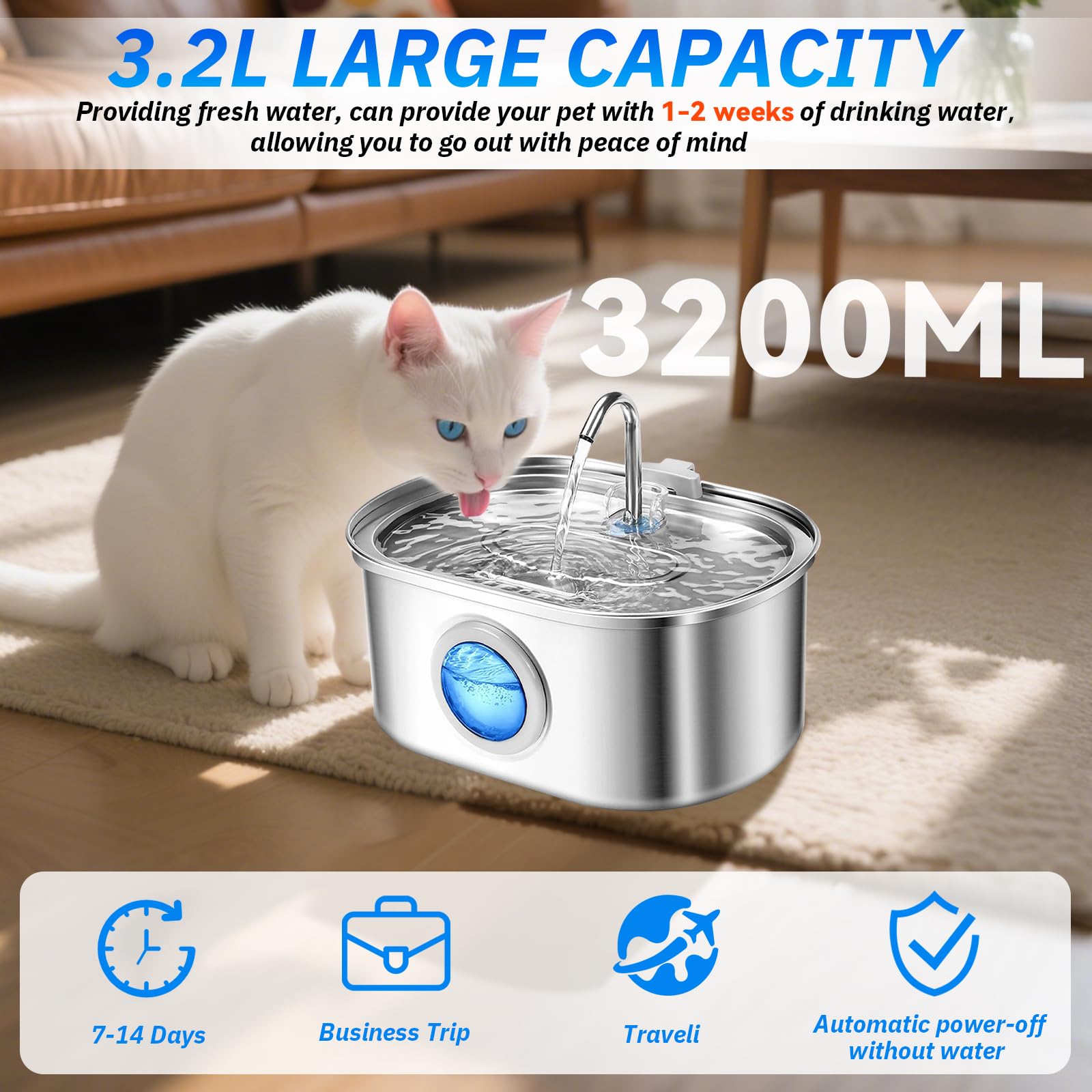 Fontanna ze stali nierdzewnej CAT, 3,2L ultra -duża pojemność -z światłem LED, przezroczyste okno, 3 filtr węgla aktywnego + 3 gąbki, wielokrotna filtracja