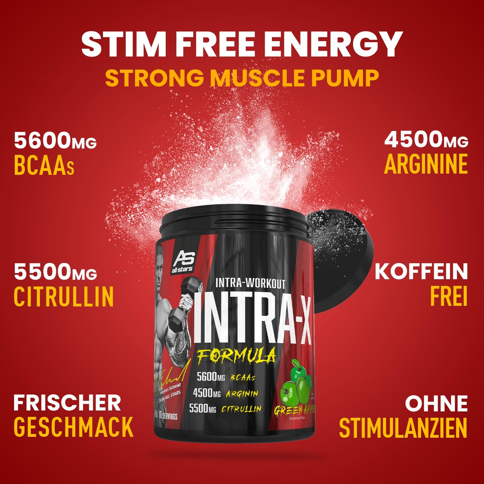 ALL STARS Intra-X Markus Schmid Edition Intraworkout 400g Green Apple | Workout Booster mit 10.000mg Citrullin-Arginin, 4550mg EAAs und 5600mg BCAAs, Nahrungsergänzung fürs Training
