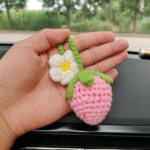 Miniatura 7 de Adorno colgante de espejo de coche de fresa, crochet, accesorios para el automóvil, decoración interior estética, cosas rosadas, decoración interior
