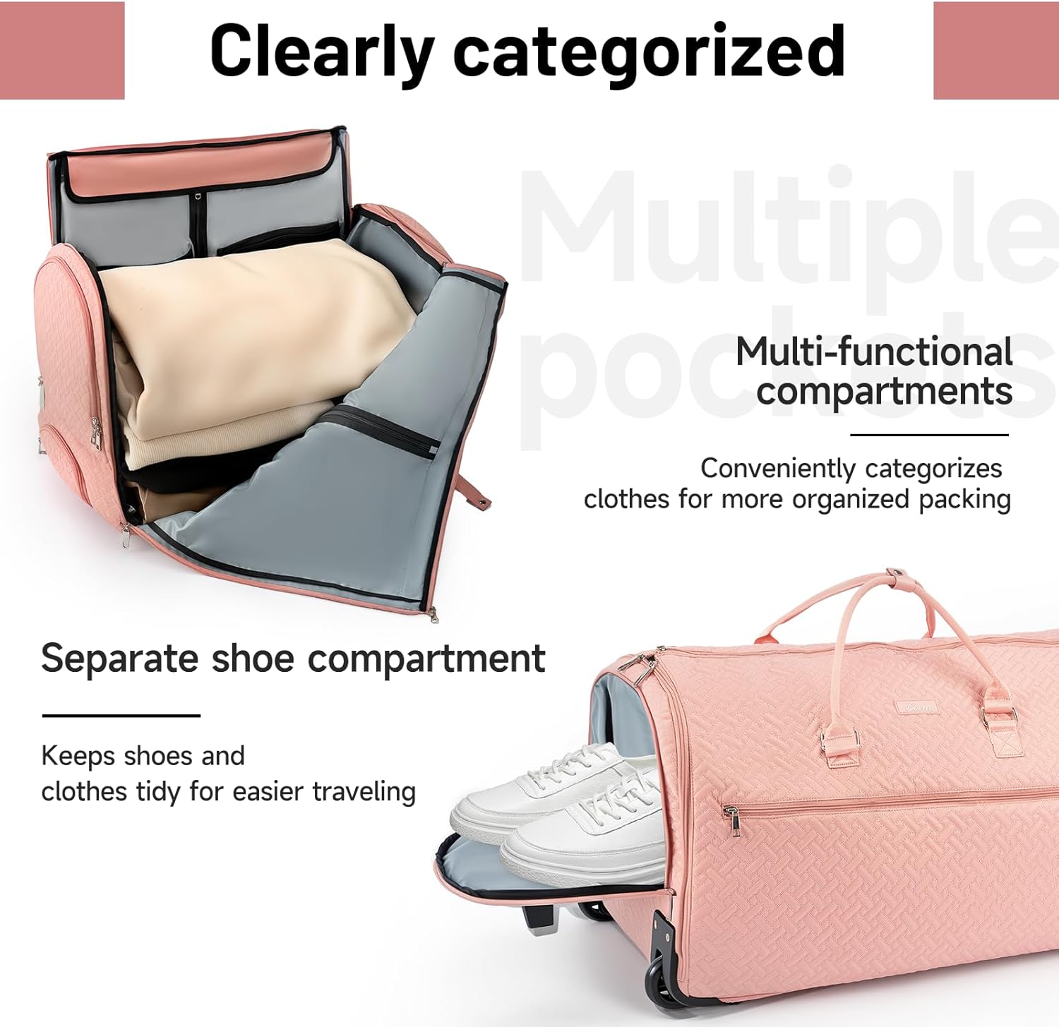 93L Carry on Garment Duffle Bag with Wheels, Folding Convertible Rolling Garment Bag for Travel with Shoes Compartment, Wheeled Waterproof Suit Bag Travel for Men Women Pink image 5 of 8 B0FH1XVLM5