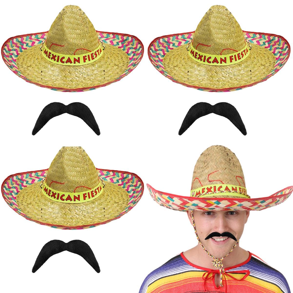 Adults Mexican Sombrero with Fiesta & Black Moustache Fancy Dress Party Accessories - Summer Straw Sun Hat