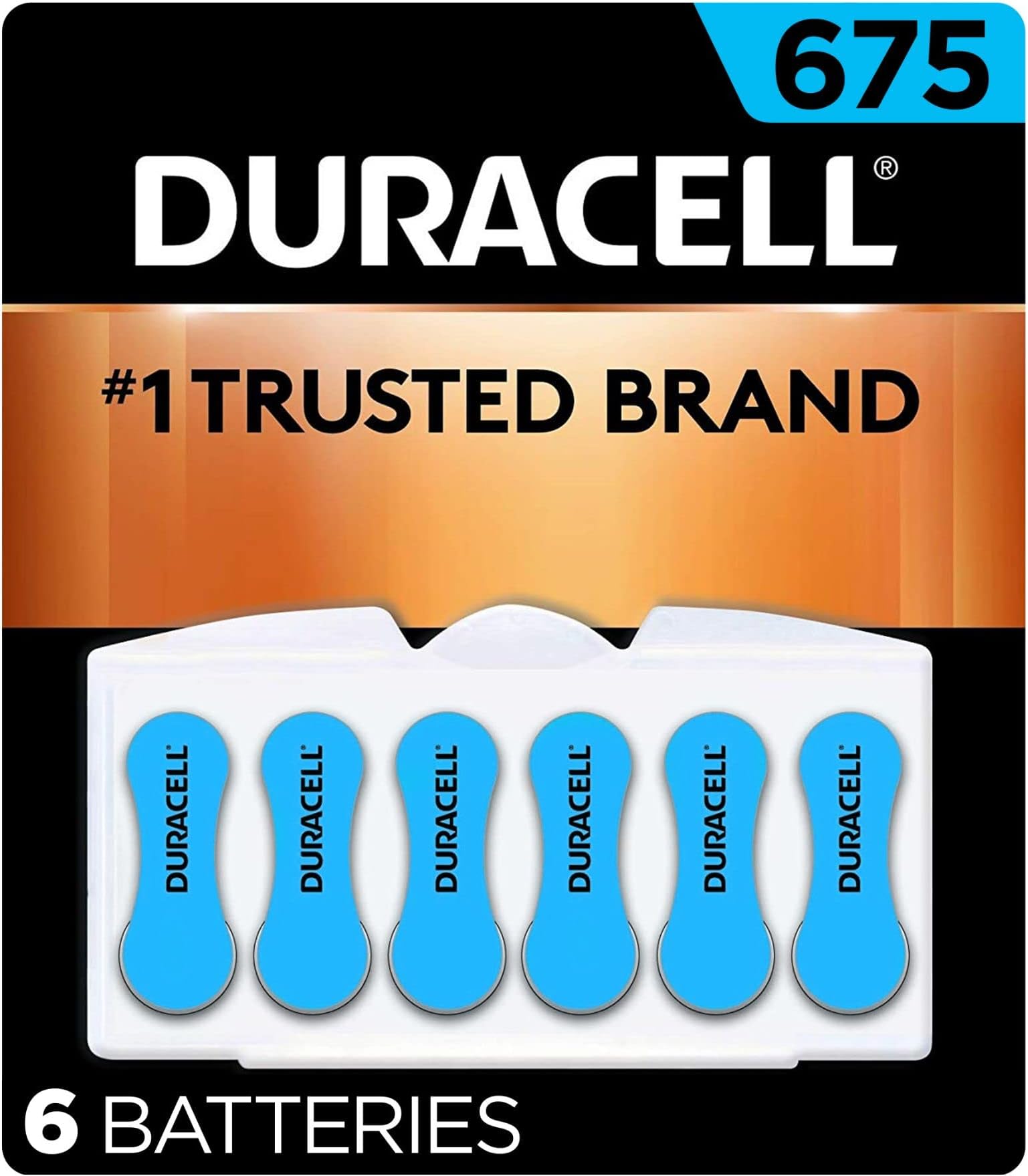 Hearing Aid Batteries Blue Size 675, 6 Count Pack, 675A Size Hearing Aid Battery with Long-lasting Power, Extra-Long EasyTab Install for Hearing Aid Devices