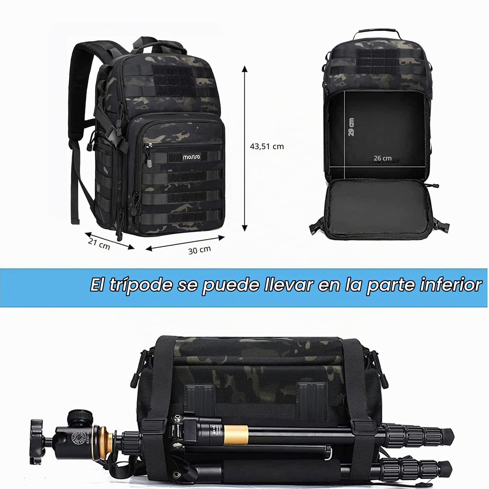 MOSISO Mochila Táctica para Cámara, DSLR/SLR/Mirrorless con Soporte para Trípode y Compartimento para Portátil de 15-16 pulgadas Compatible con Canon/Nikon/Sony, Camuflaje Nocturno | Para Cámara con Soporte para Treppied & 15-16 pulgadas Laptop Compartime