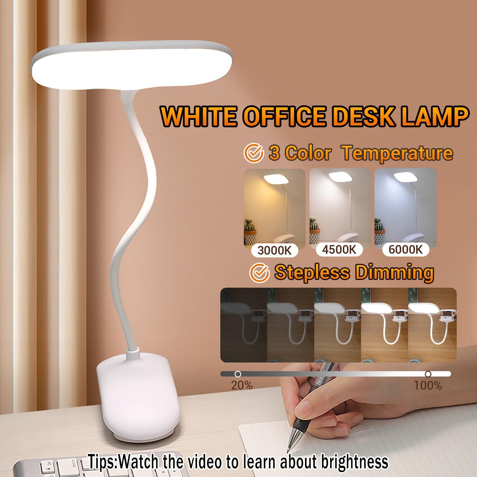 Lampe de bureau LED avec pince, lumières à clipser pour la maison, le bureau, 3000 mAh, piles rechargeables, 3 modes d'éclairage et variateur de luminosité pour enfants et étudiants