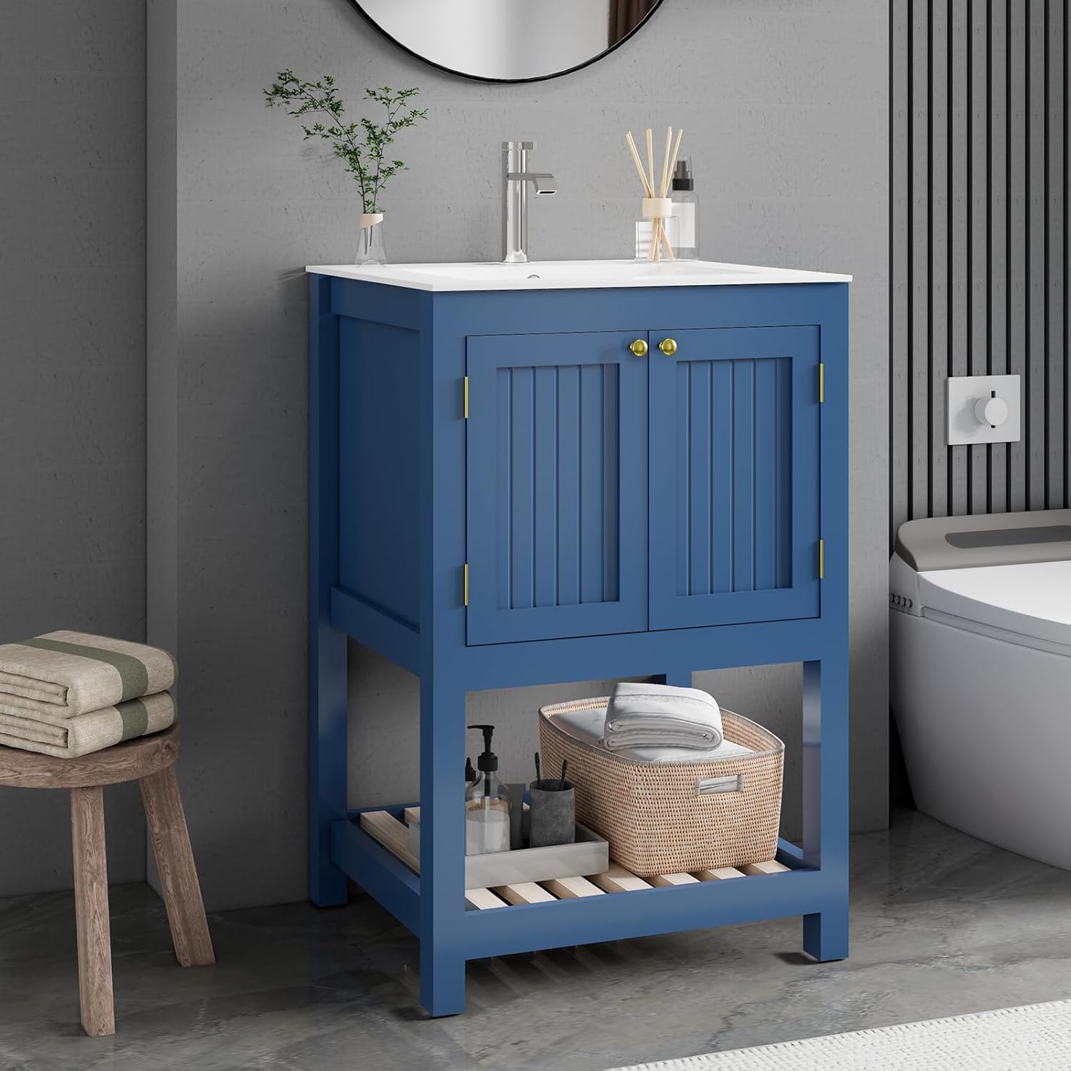 24 Inch Bathroom Vanity with Sink,Modern Freestanding Cabinet with Open Storage Shelf, Bathroom Sink Cabinet with 2 Doors and 1 Open Shelf (Bule, 24 inches)