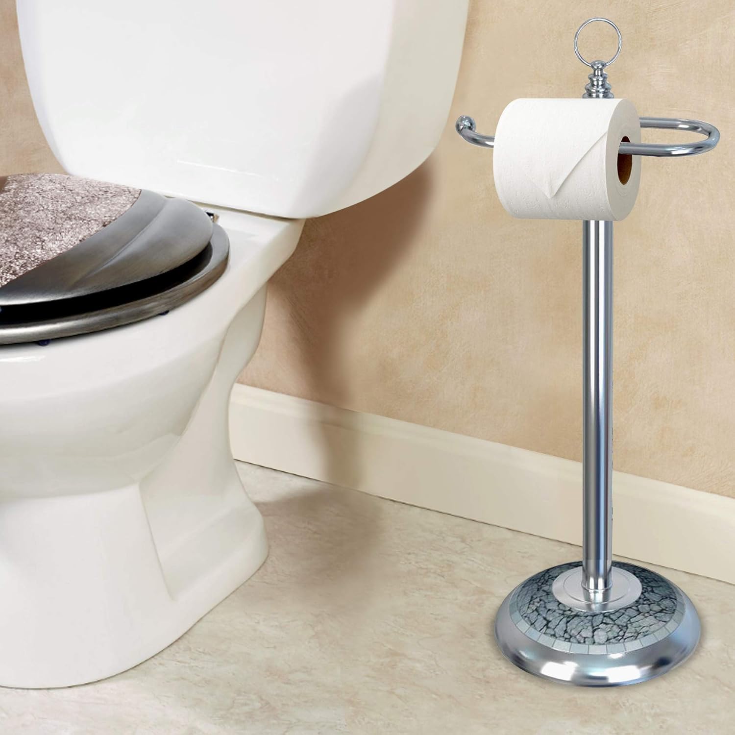 Nusteel TGC13AMH nu Steel Freestanding Toilet Tissue Paper Roll Holder Stand Metal with Chrome and Aqua Mosaic Finish