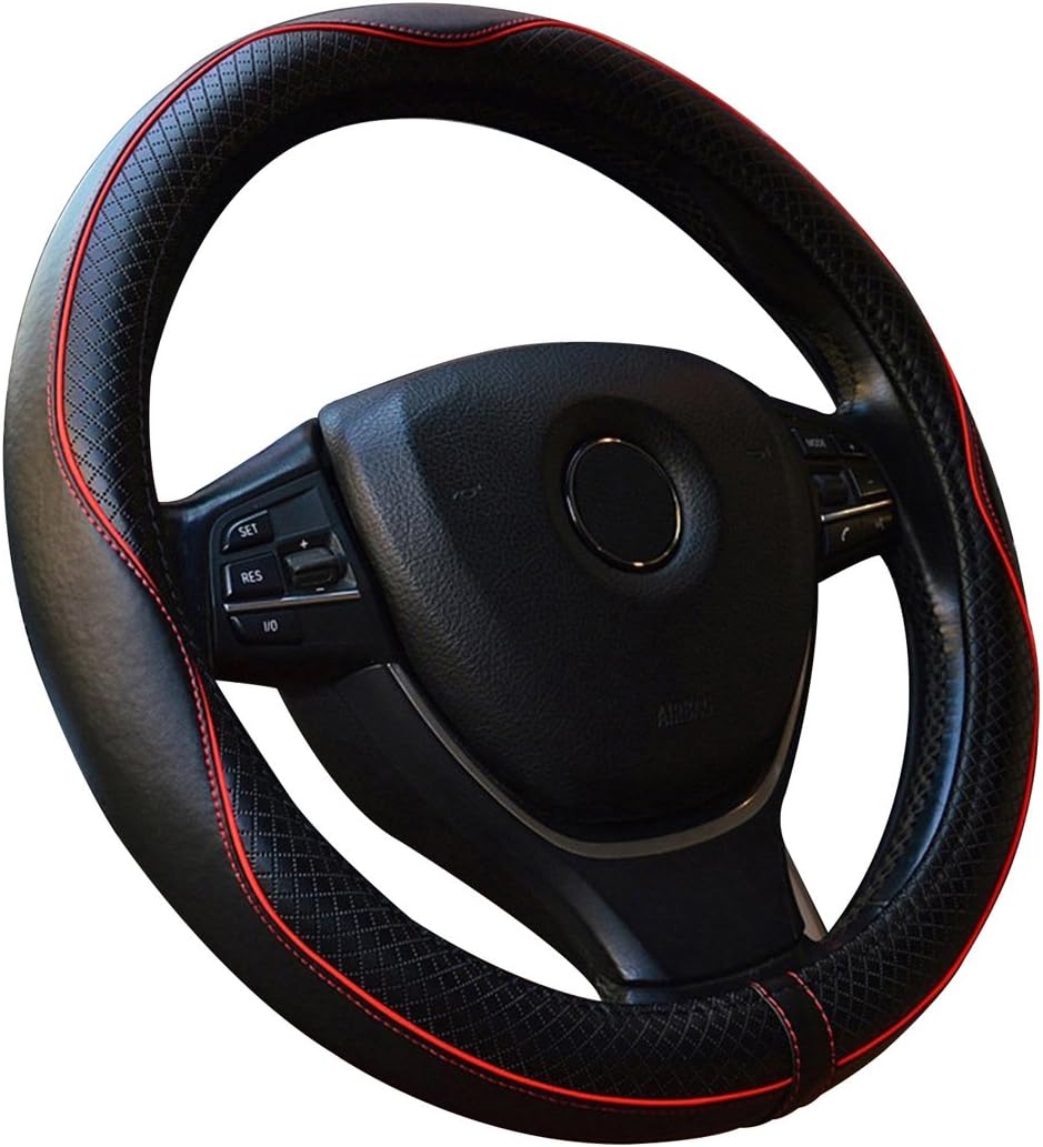 Car Steering Wheel Cover Genuine Leather Universal 15 Inch - Red Stitching is Subtle and Nice for Car/Truck/Van/SUV (Black&Red)
