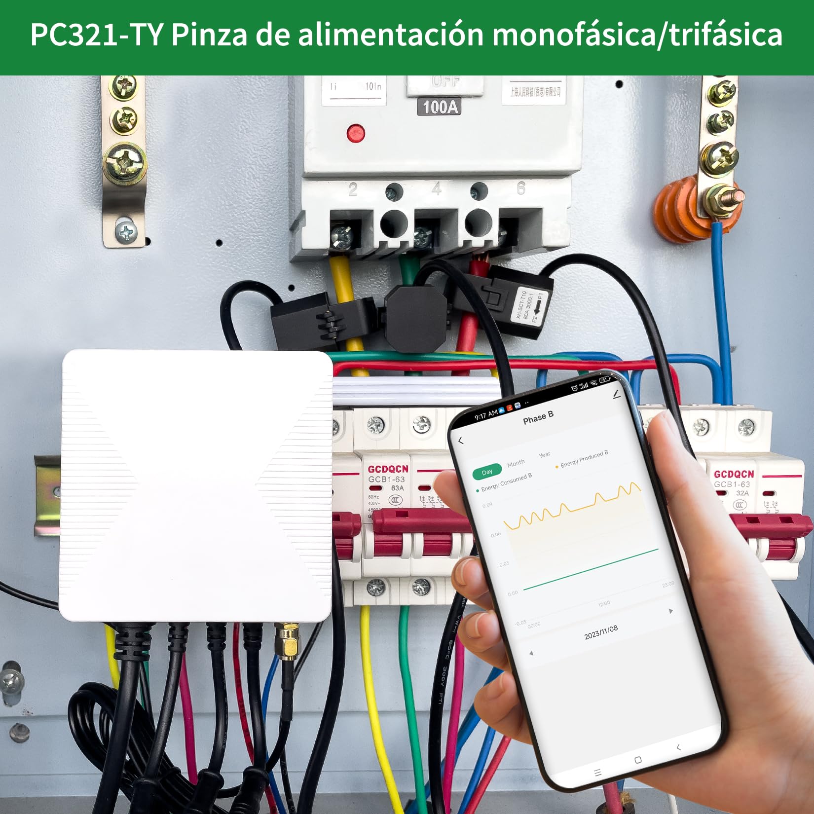 OWON Tuya Smart Home Monitor de energía Wi-Fi trifásico, medidor de potencia bidireccional de 1 o 3 fases con 3 abrazaderas de 200A, medición solar/red, medidor de electricidad en tiempo real