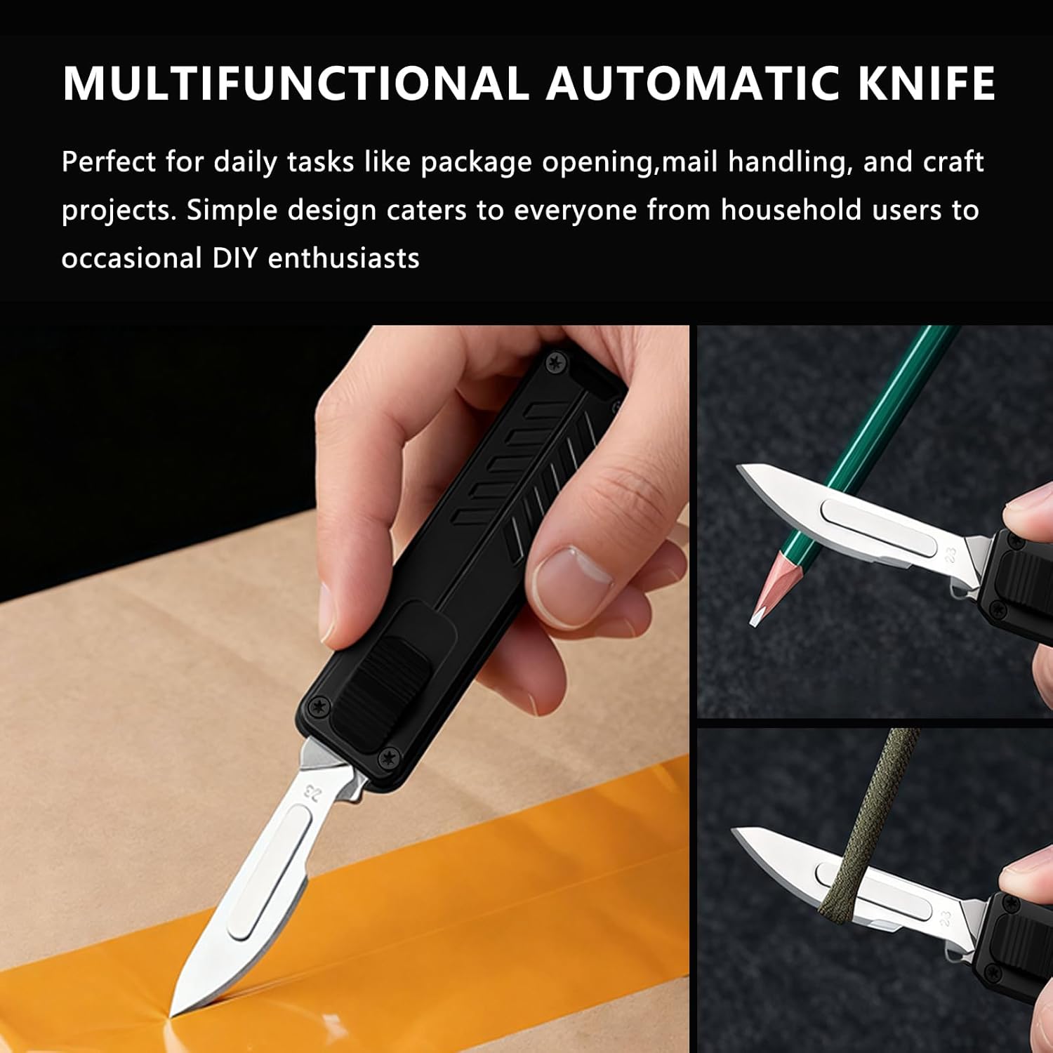 Automatic Utility Knife,Retractable Push Button Scalpel EDC Knife,All Metal Construction Fast Open Safety Lock Mini Box Cutter,Home Office Cardboard Cutting Tool,Cool Gadgets Gift for Dad Teens Black