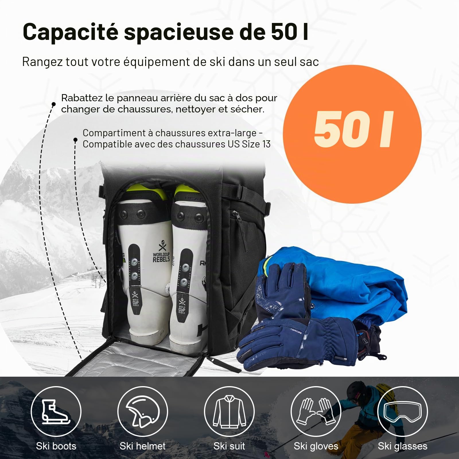 Odoland Housse à Skis 200cm et Sac à Dos pour Chaussures de Ski, Sacs Rembourrés de Skis, Double Imperméable pour Transporter d'Équipement de Ski, Chaussures, Lunettes, Casque pour Homme Femme