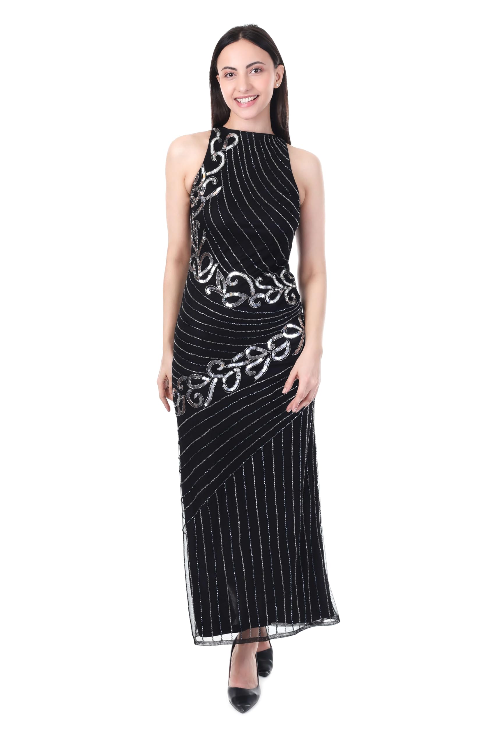 Women's Polyester Black Maxi Dress | Sleeveless Gown with Sequin Detailing and Round Neck-image-38