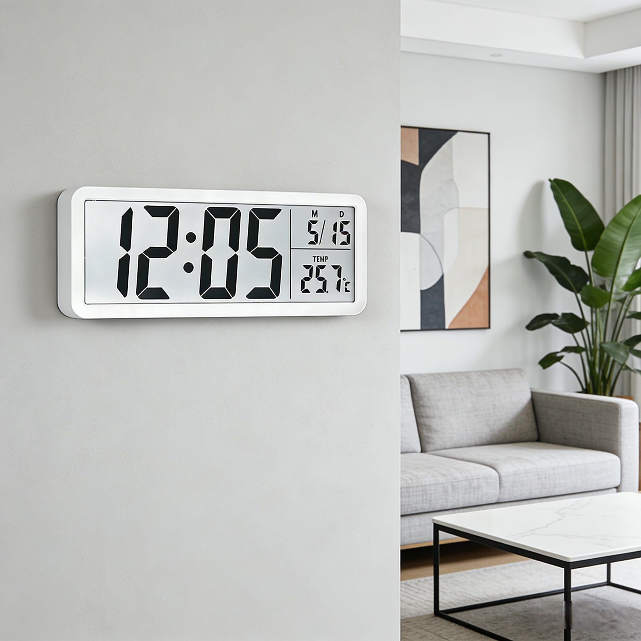 Could Spark Digital Wall Clock，Temperature, Day, Month, Wall Stand Mount with 8'' LCD Digital Wall Clock，Battery/USB Operated Digital Clock Wall, Creative Modern Decor for Bedroom, Office, White