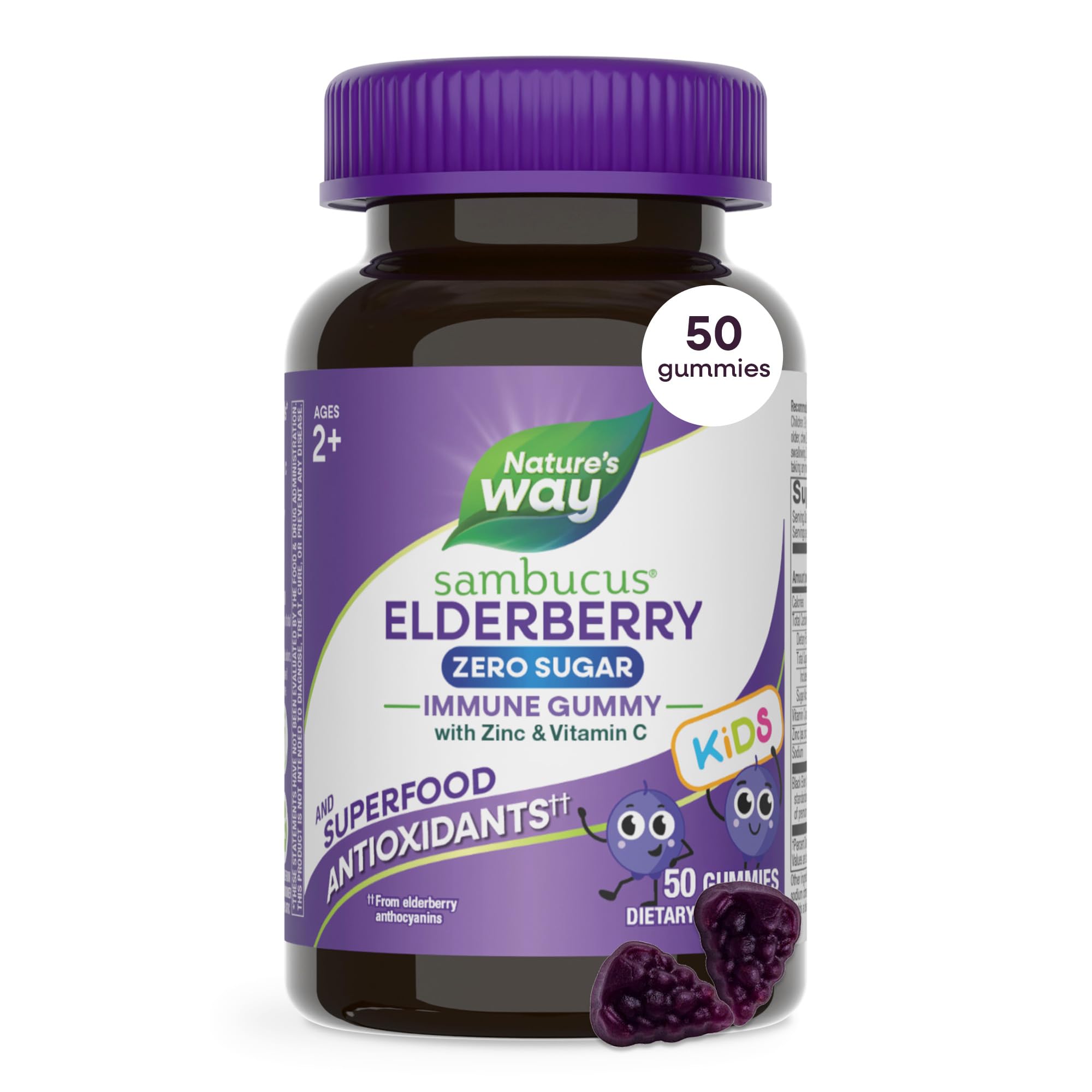 Nature's Way Sambucus Kids Zero Sugar Elderberry Immune Gummies, 50 ct 50 Count (Pack of 1)