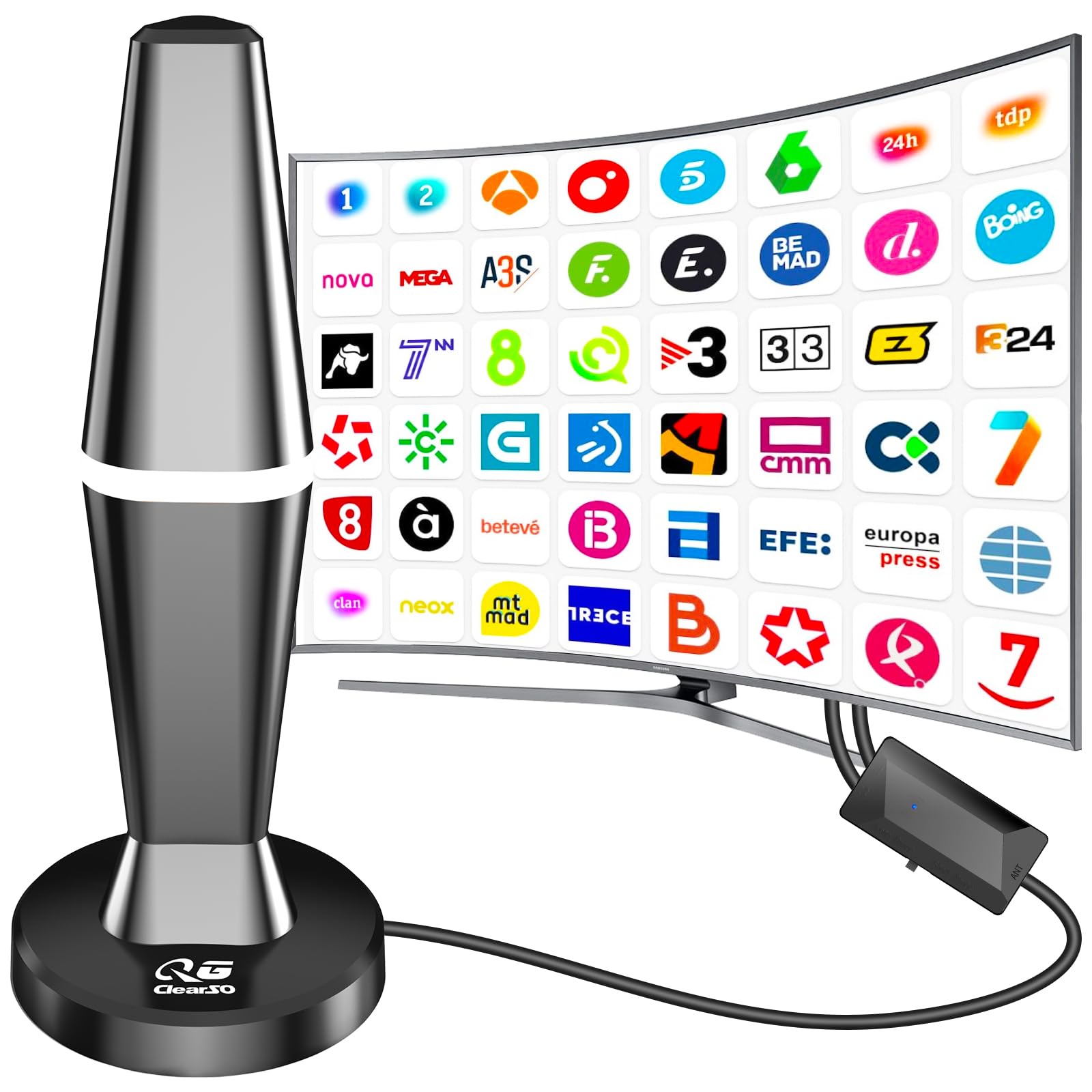 Antena TV Interior,2026 Antena de TV Interior con Amplificador, 460KM en recepción 360° Base magnética Resistente para, fácil instalación,admite Canales 4K/1080P, Puede Recibir señales DVB-T2 DVB-T