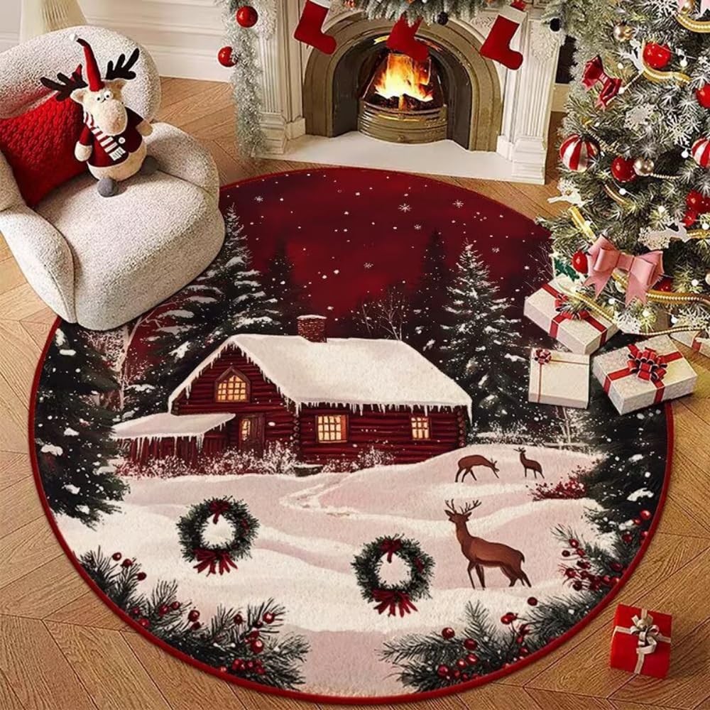 Odot Tapis Rond de Noël, Motif élan, Bonhommes, Lavable Rug de Salon, Chambre à Coucher, Ambiance Festive,Tapis Chambre, Couverture de Chevet Père Noël (Cerf Sika 10,160CM)