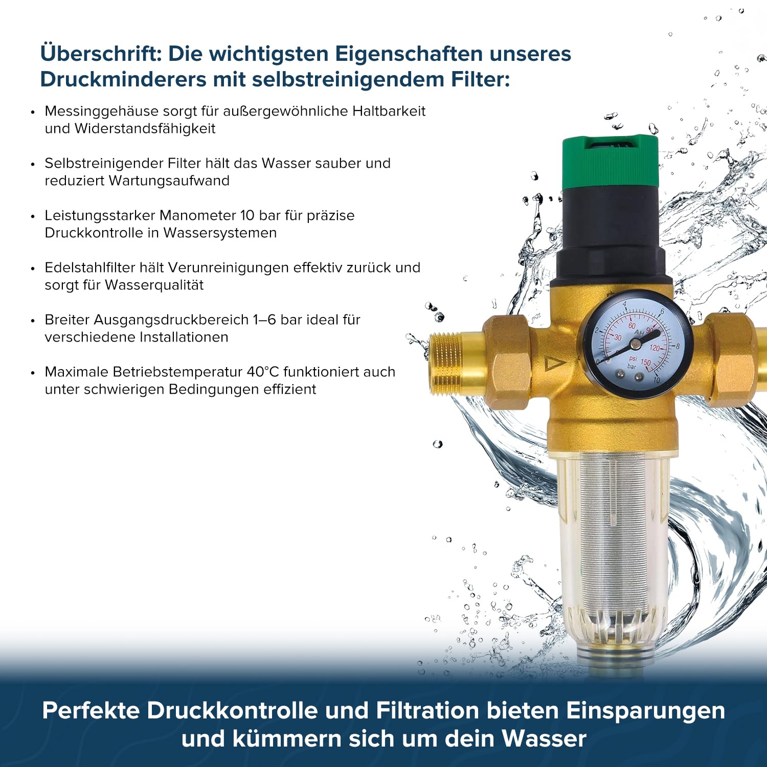 Druckminderer Wasser 1 Zoll Messing mit Manometer selbstreinigendem Siebfilter Wasserdruckregler