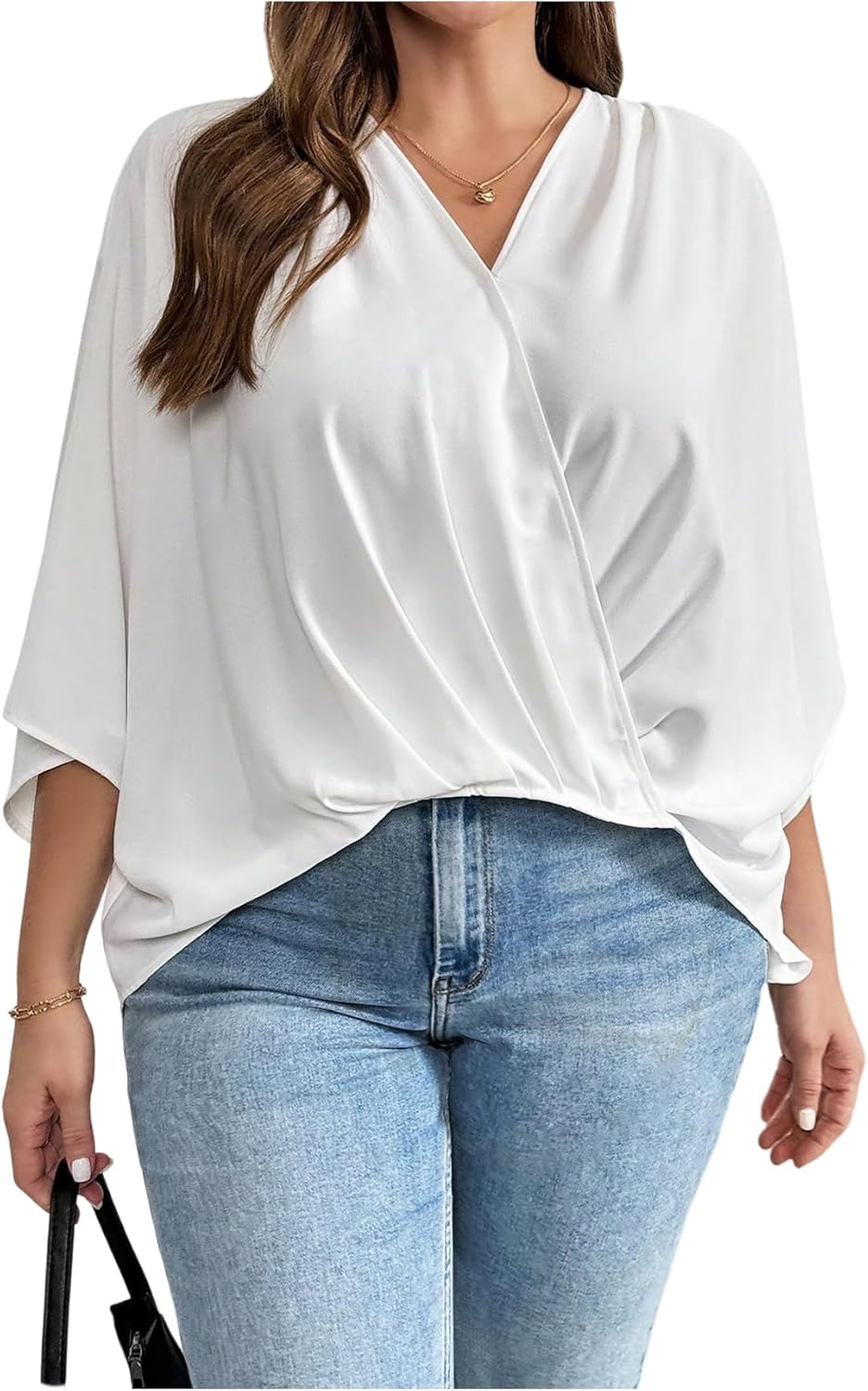 Floerns Women's Plus Size Wrap Front Blouses 3/4 Sleeve V Neck Elegant Dressy Shirts