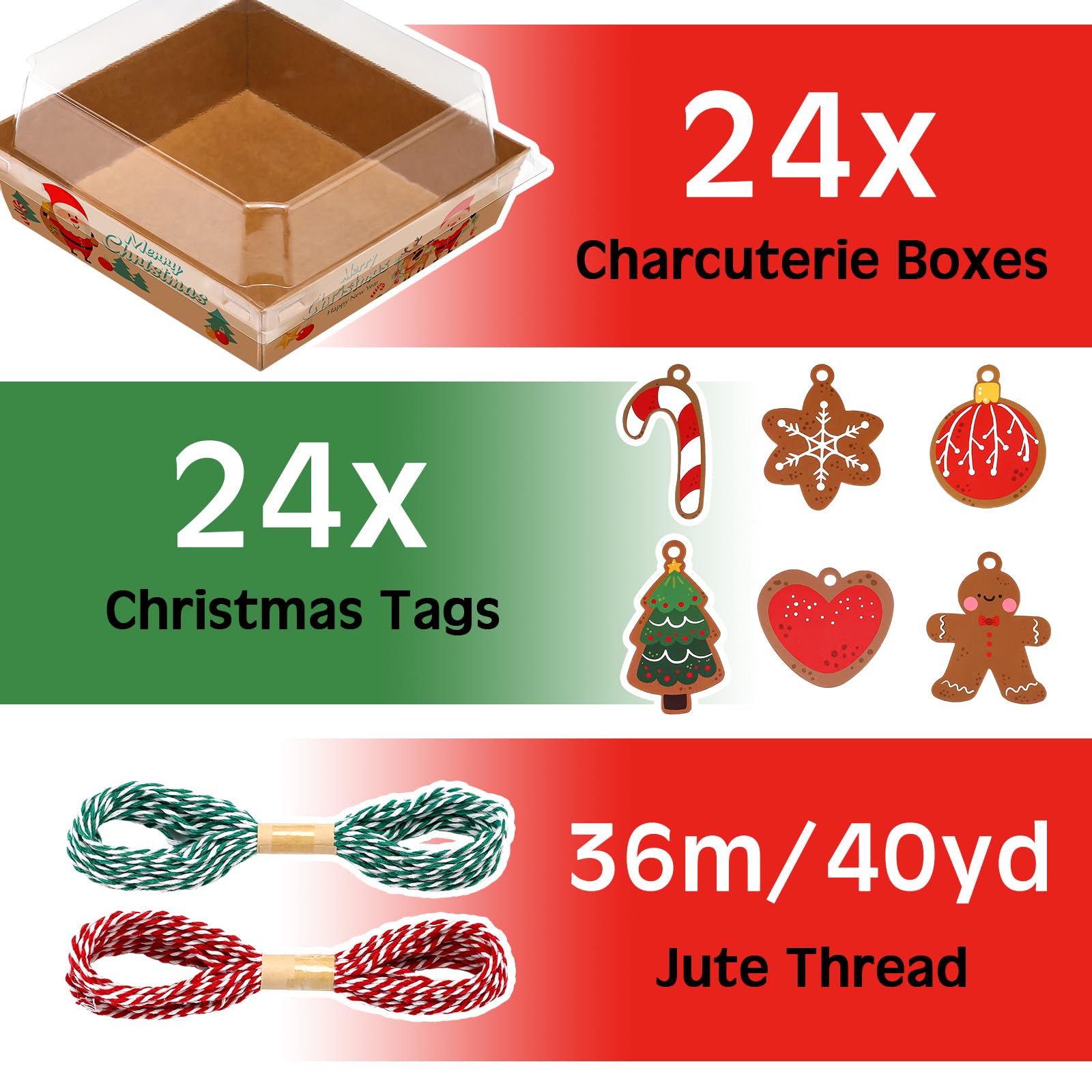 Sliner Christmas Paper Charcuterie Boxes with Clear Lids Mini Charcuterie Box Disposable Dessert Boxes for Sandwich, Cookie, Sushi, Cake Slice, Strawberries(24)