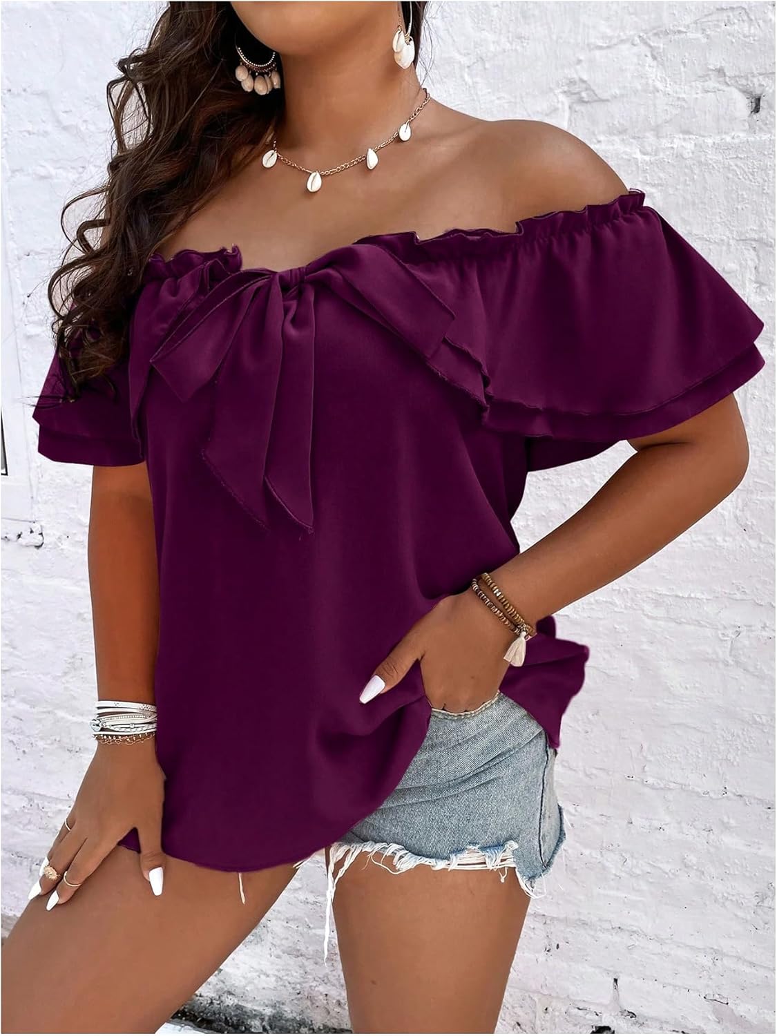 MakeMeChic Women's Plus Size Off Shoulder Top Tie Front Layered Ruffle Short Sleeve Blouse Top - Image 2