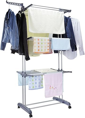 Miniatura 7 de SHG - Organizador de lavandería de aluminio de 3 niveles, estante de secado plegable, soporte para secadora de ropa