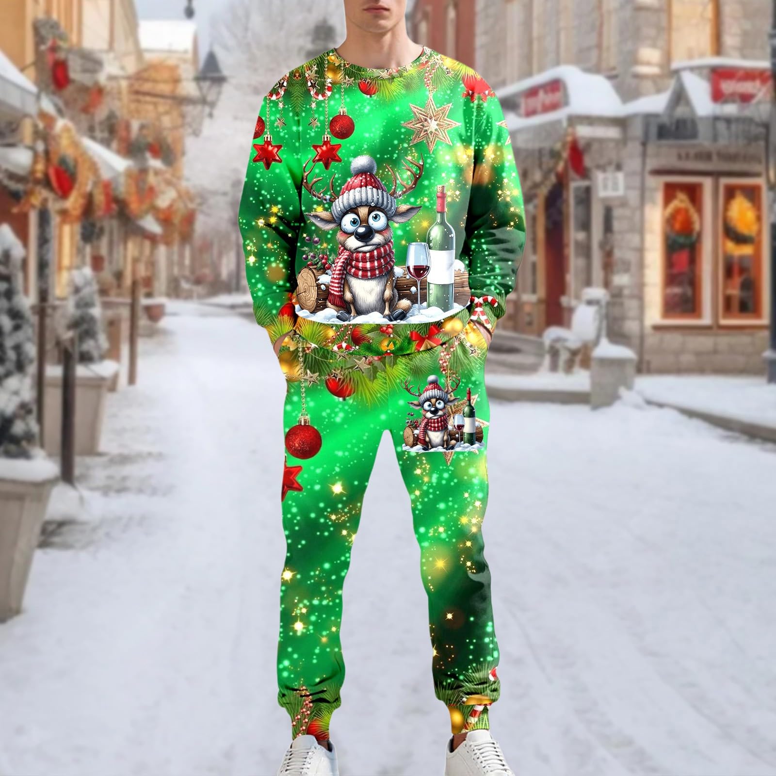 Weihnachts Jogginganzug Herren Funny Weihnachten Tracksuit 2-Teiliges Lustig Rentier Santa Weihnachtsanzug Männer Kuschelig Kapuzenpullover + Jogginghose Weihnachtsoutfit Trainingsanzug Set