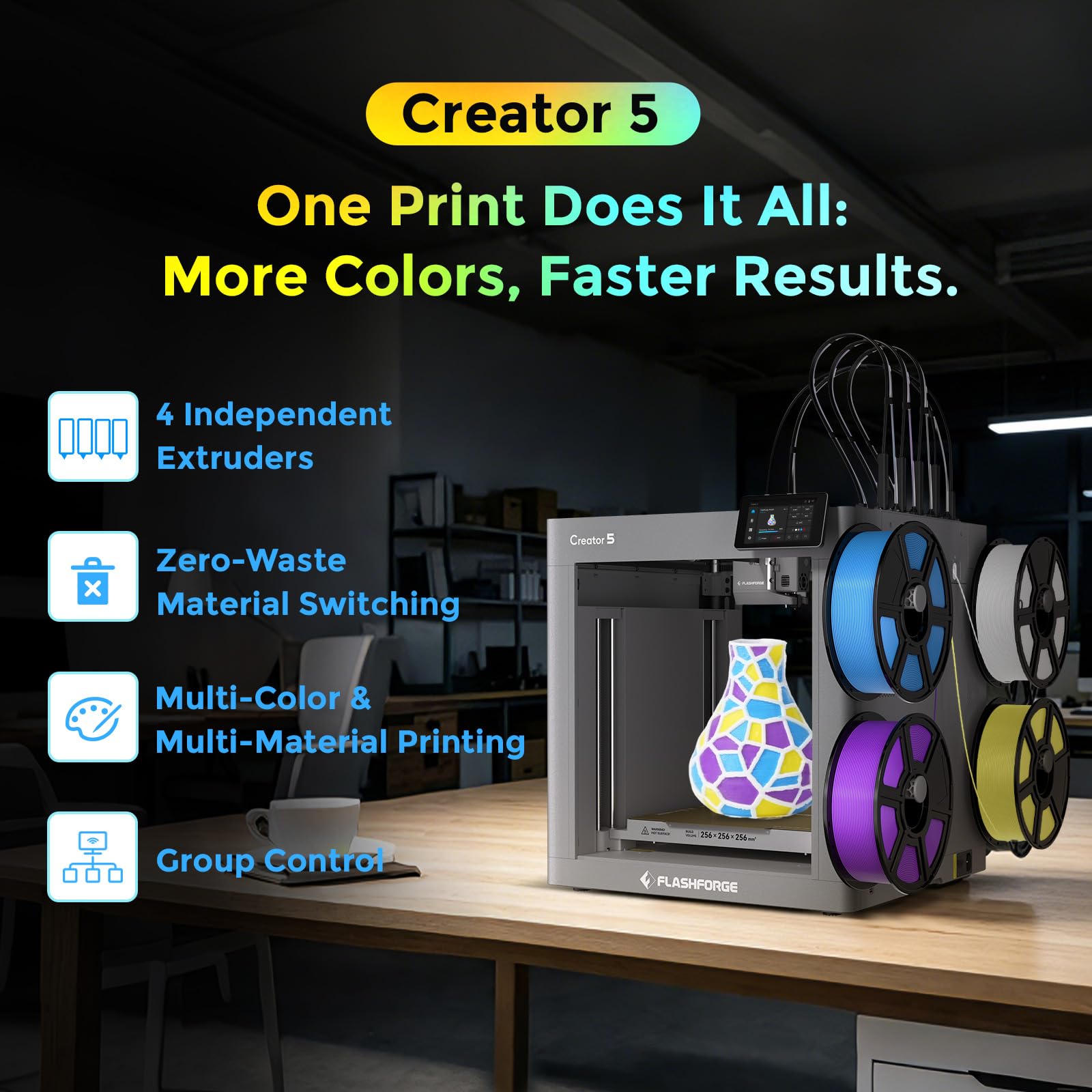 Flashforge Creator 5 Mehrfarben-3D-Drucker mit 4 unabhängigen Druckköpfen, Multi-Material-3D-Drucker mit vollautomatischer Kalibrierung und Nivellierung, maximale Geschwindigkeit: 600 mm/s