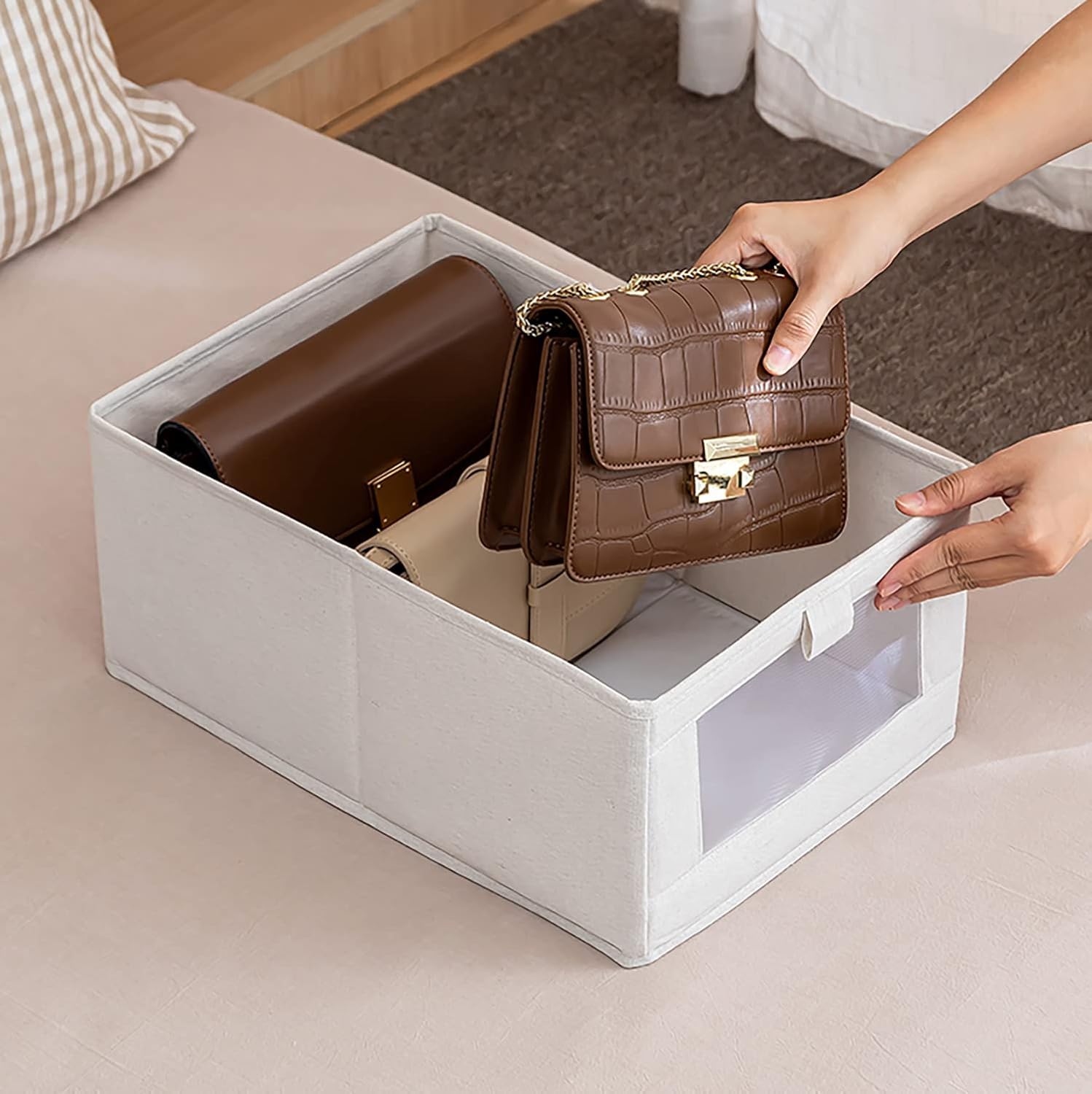 Durable And Versatile Closet Drawer Organizers And Rectangle Storage Boxes, Fabric Storage Containers For Pants, Shirt, Sweaters, Bra Panty, Socks (Beige,Pack Of 2)