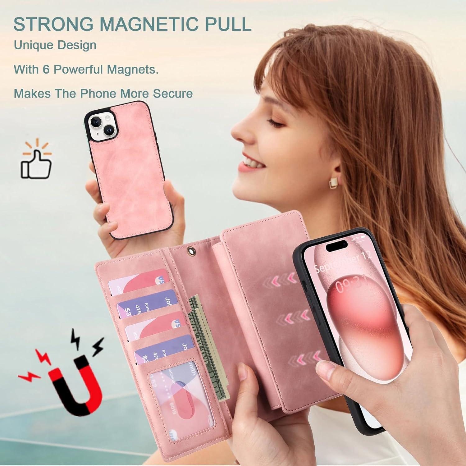TwoHead Wallet Case Compatible with iPhone 15,Detachable Magnetic Phone Case,PU Leather All-Round Protective Case Wallet with Card Holder,6.1 in,Pink