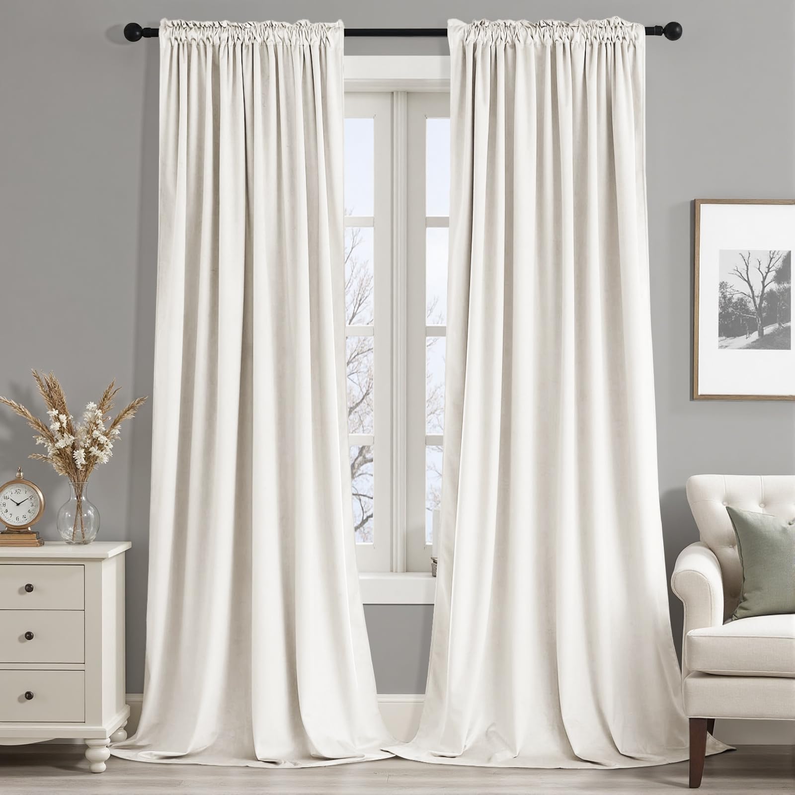 MIULEE Ivory Velvet Curtains Thermal Insulated Blackout Curtain Drapes for Bedroom Living Room Darkening 84 Inches Long Curtains Panels Rod Pocket Set