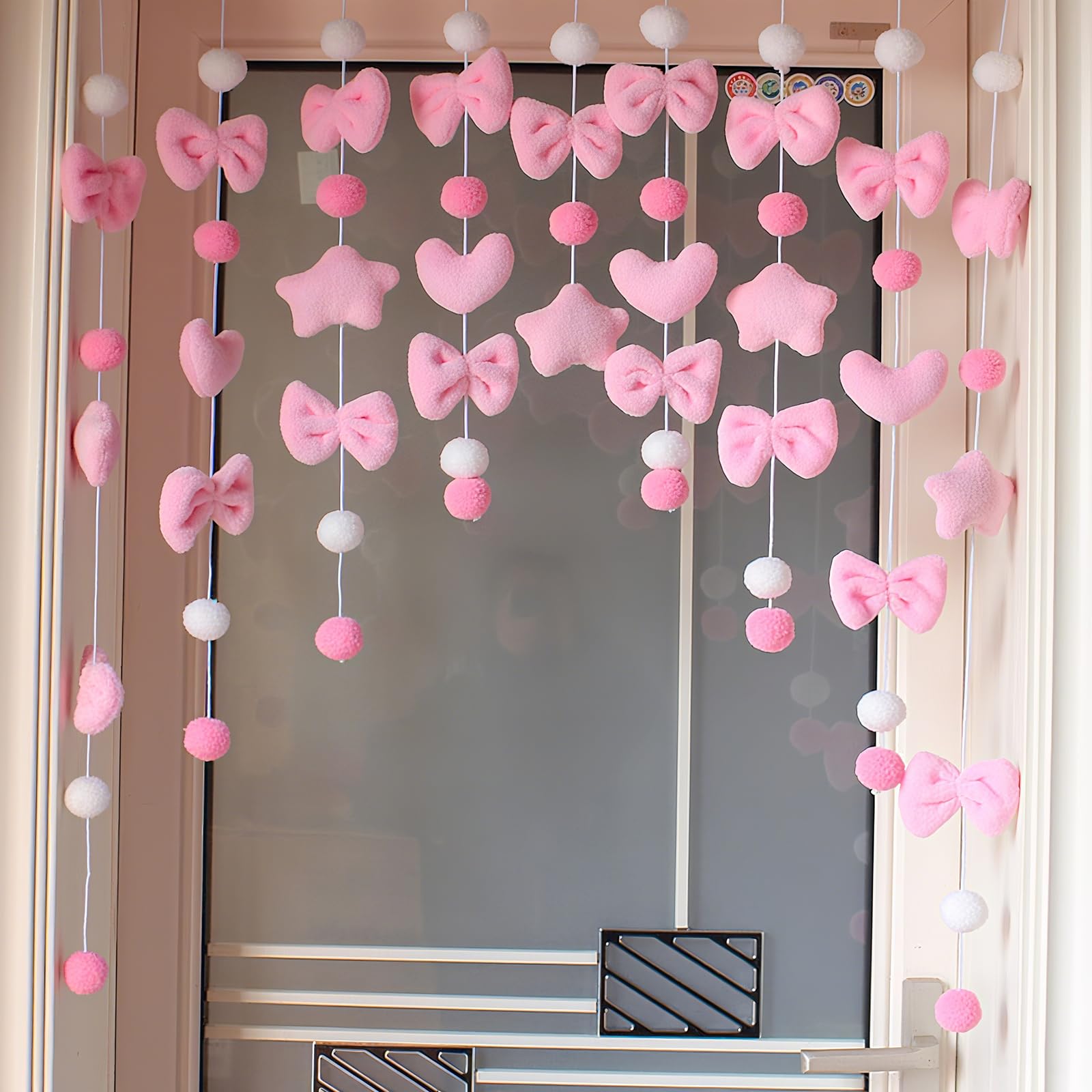Selbstklebender flauschiger Plüschvorhang, Kawaii, 83,8 x 91,4 cm, niedliche rosa Schleife, herzförmiger Vorhang für Mädchen, Schlafzimmer, Tür, Fenster, Wanddekoration
