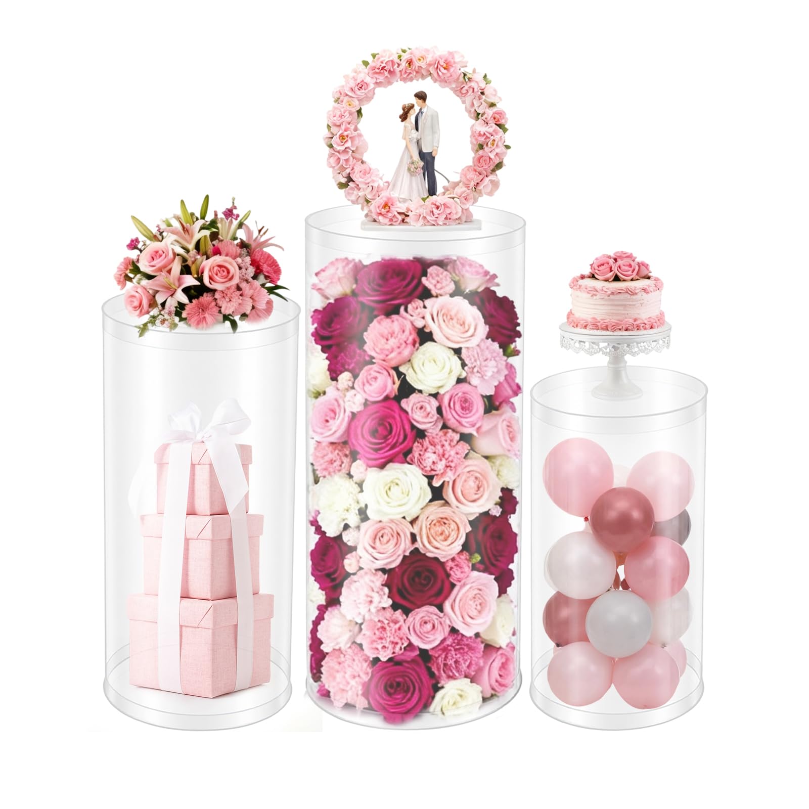 3 piezas de soportes cilíndricos de pedestal para fiestas, mesas de pedestal redondas transparentes, pilares de plintor para fiestas, cumpleaños, accesorios de boda