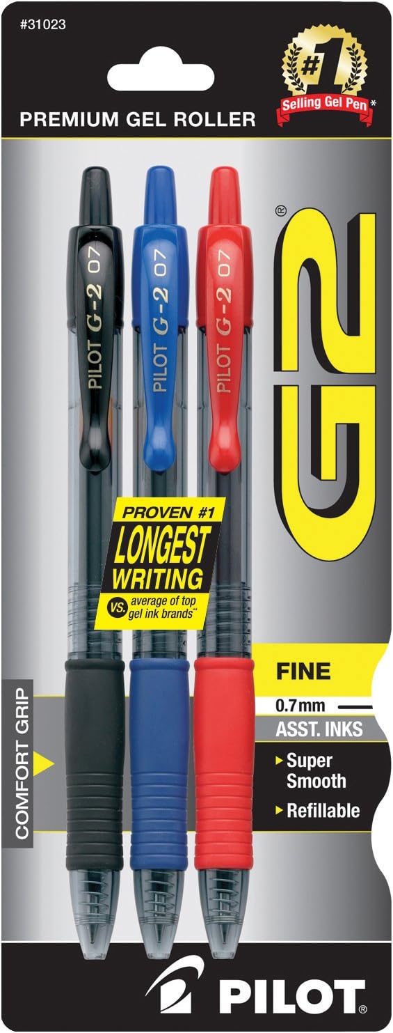 Pilot, G2 Premium Gel Roller Pens, Fine Point 0.7 mm, Black, Blue, Red, Pack of 3