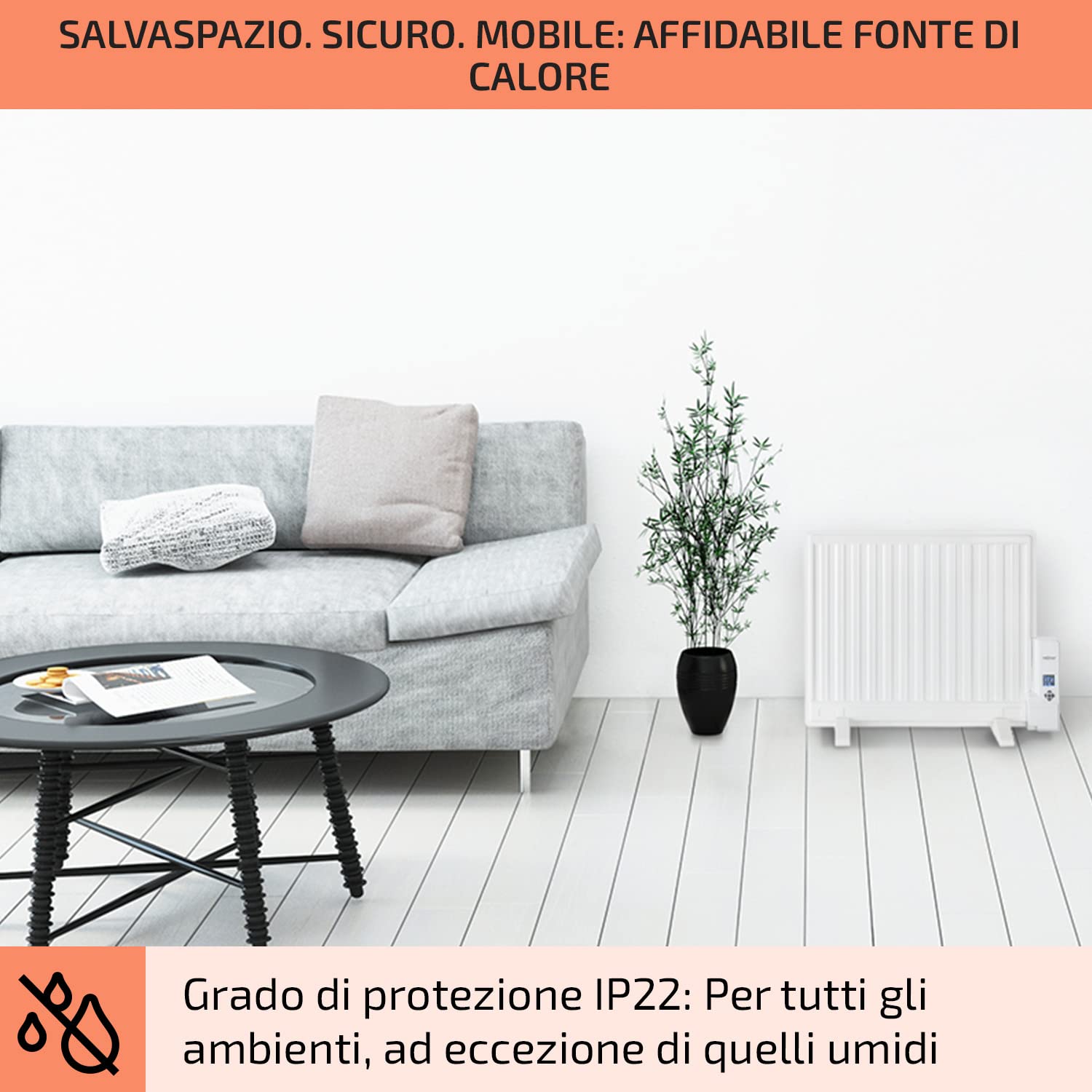 oneConcept Stufa Elettrica Basso Consumo, Termosifone Elettrico Silenzioso da 600W da Muro, Radiatore ad Olio Indipendente e Portatile Smart, Termosifone ad Olio con Touch Control e Termostato