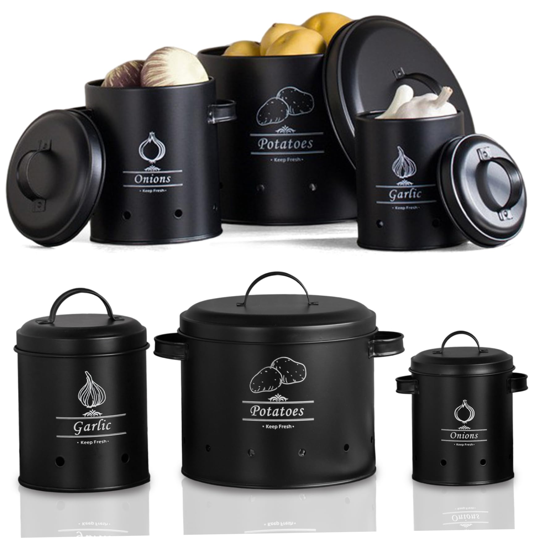 Almacenamiento de patatas sin humedad usando estos 3 botes de metal negro que evitan brotes