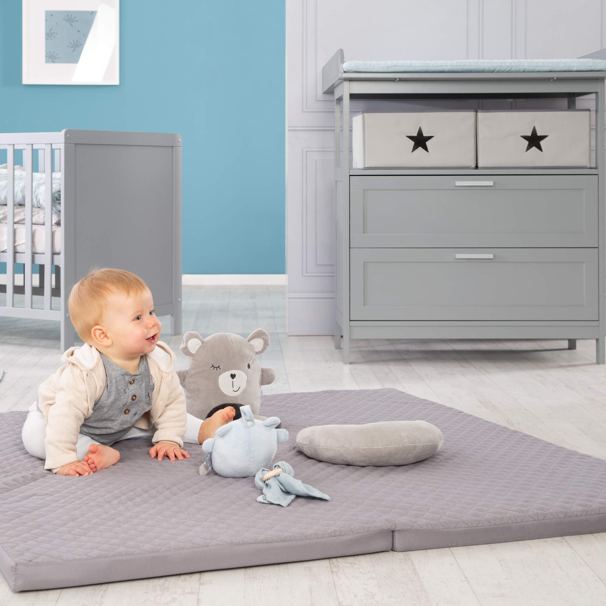 roba Materasso da Gioco roba Style - Pieghevole - per Giocare e Gattonare - 120 x 120 cm - Sfoderabile e Lavabile in Lavatrice - Microfibra - Trapuntato - Grigio