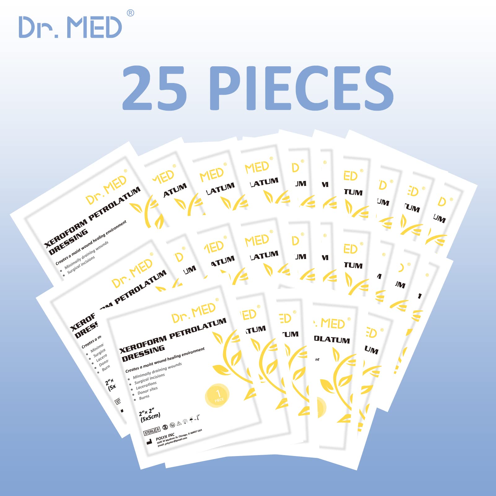 Dr.Med Xeroform Petrolatum Pflaster, 5,1 x 5,1 cm, 25 Stück pro Box, nicht haftende Mullkompressen für kleinere oder teilweise Verbrennungen, Risse, Empfängerstellen