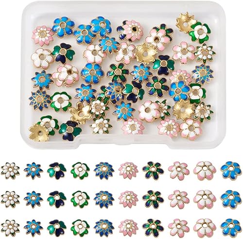 Miniatura 7 de Cheriswelry 60 cuentas de aleación esmaltadas de flores, cuentas espaciadoras florales doradas, 10 estilos de 0.295-0.315 in para manualidades,