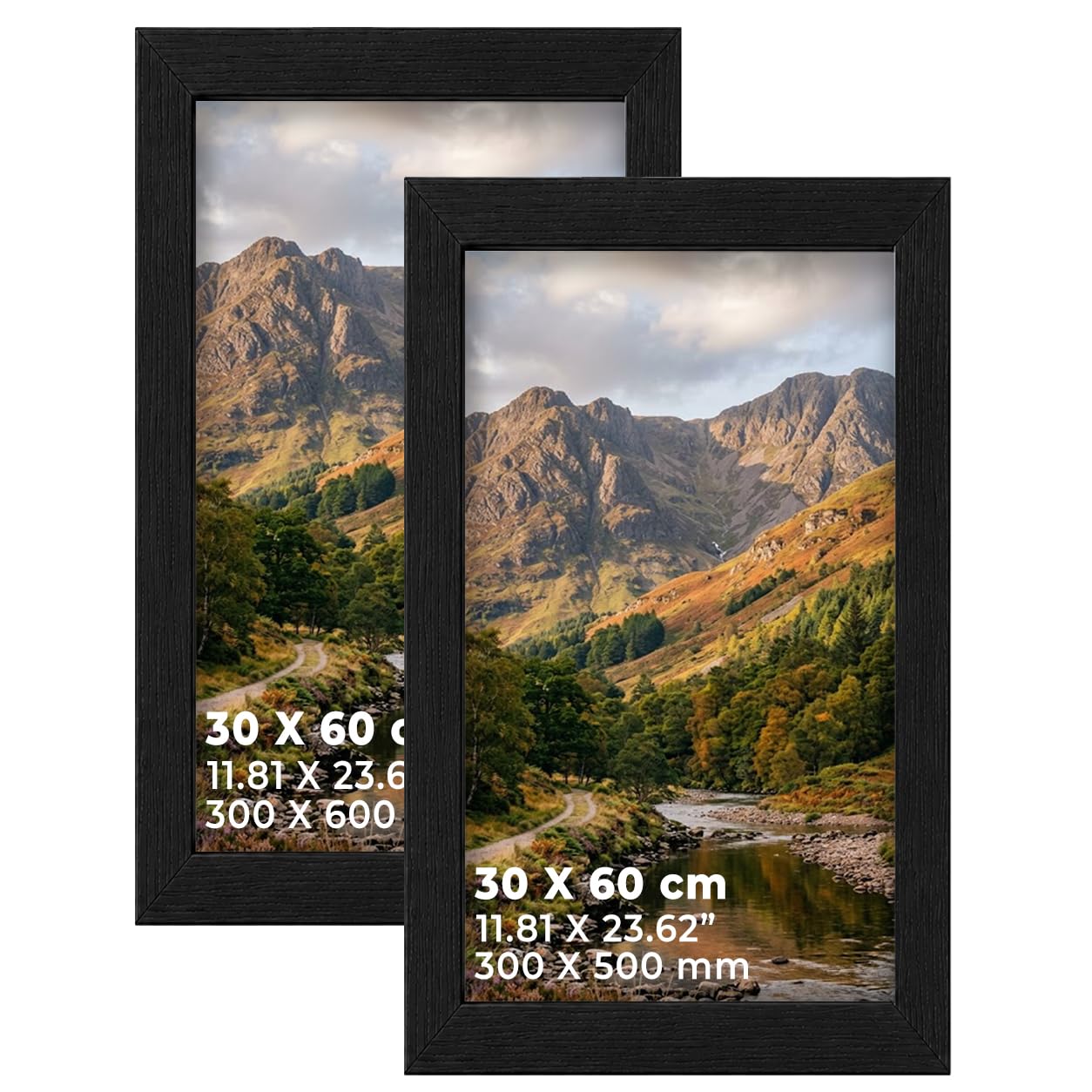 DECORO Black 30X60CM Panaromic Pack of 2 Picture Frame with Plexiglass Front & Engineered Wood Construction, Wall Hanging Display for Photos, Posters, Prints & Artwork, Portrait or Landscape