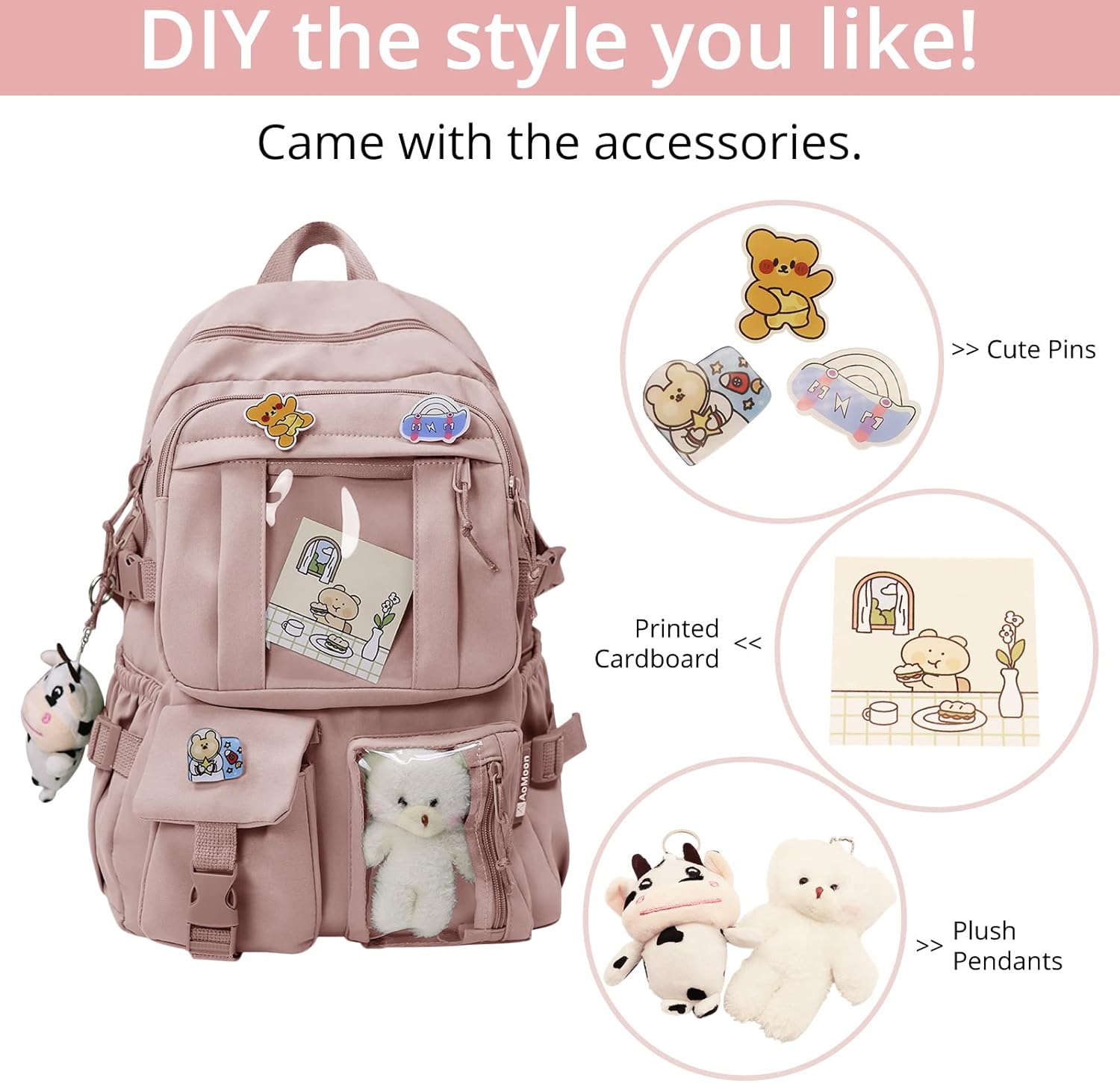 AoMoon Kawaii Backpack Lovely Pastel Rucksack for Teen Girls Aesthetic Student Bookbags with Kawaii Pin and Cute Accessories (Pink-C) One Size - Image 4