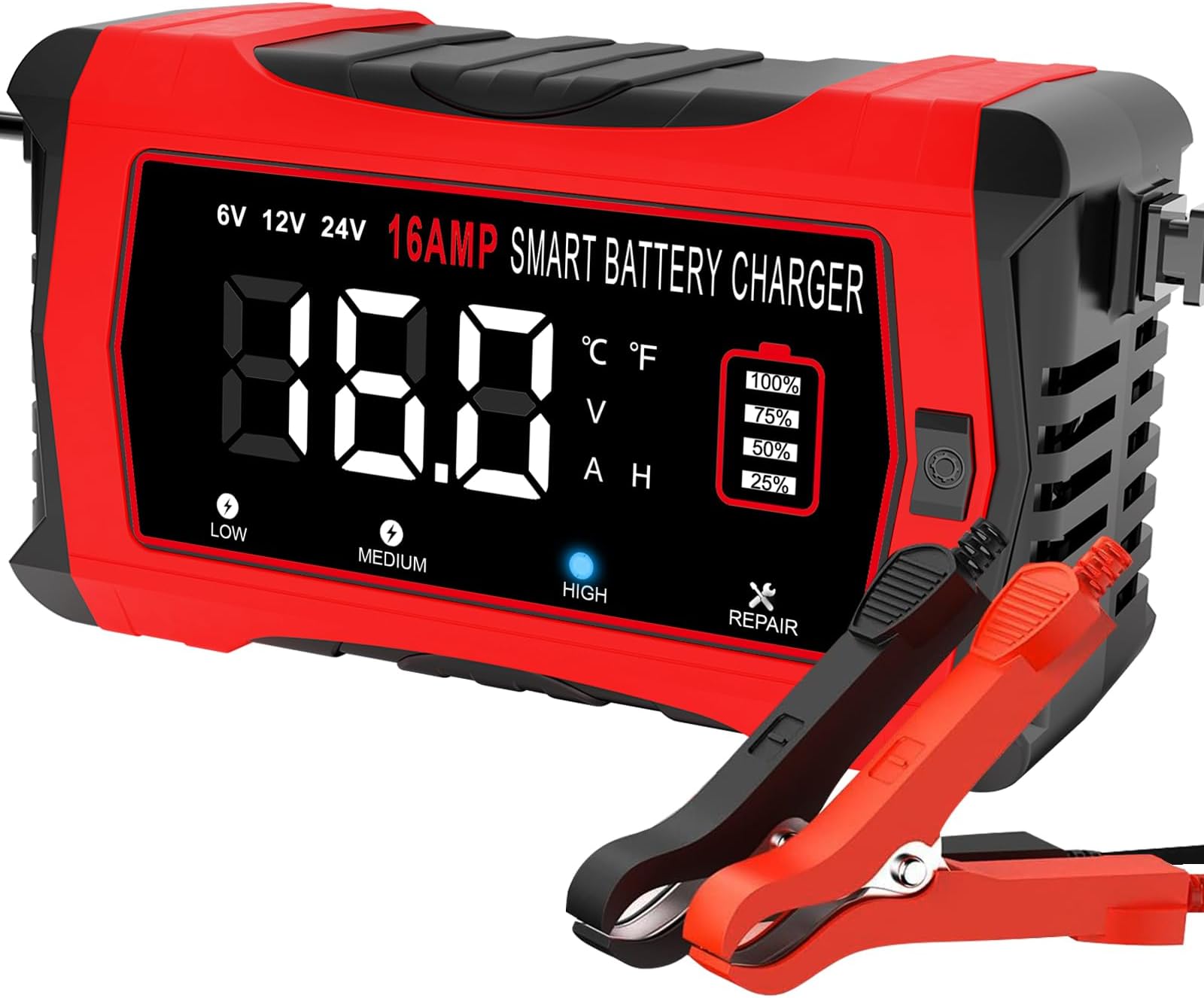 HTRC 16A Car Battery Charger 6V/12V/24V, Trickle Charger LiFePO4 Battery Charger with 10-Stage LCD & Pulse Repair, Motorcycle Battery Charger for Lead-Acid/LiFePO4