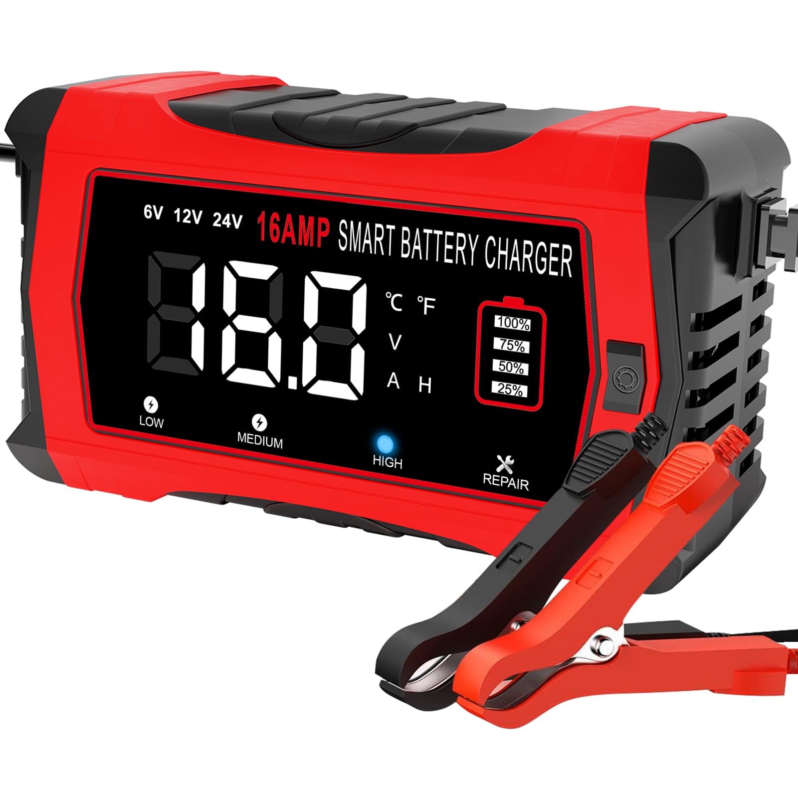HTRC 16A Autobatterie Ladegerät, 6V/12V/24V Batterie Ladegerät für Auto LKW Motorrad Rasenmäher Boot Marine Batterien, Lithium, LiFePO4, Blei-Säure Ladegerät für AGM, Gel, EFB usw
