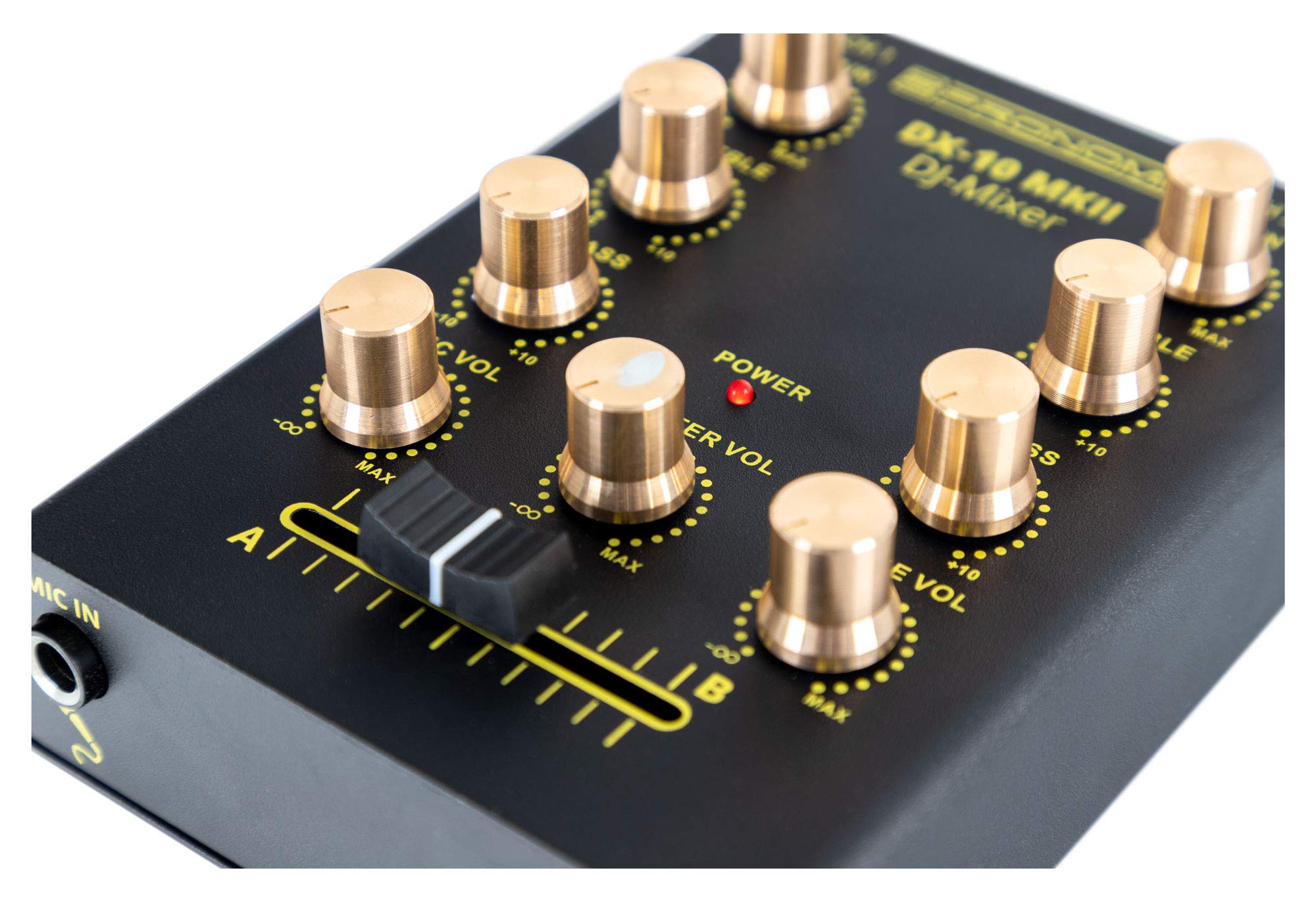 Pronomic DX-10 MKII DJ Mixer - kompakter 2-Kanal-DJ-Mixer mit zwei Line-Eingängen und 2-Band Equalizer - Mikrofoneingang mit separatem Laustärkeregler - Master- und Kopfhörer-Ausgang - schwarz