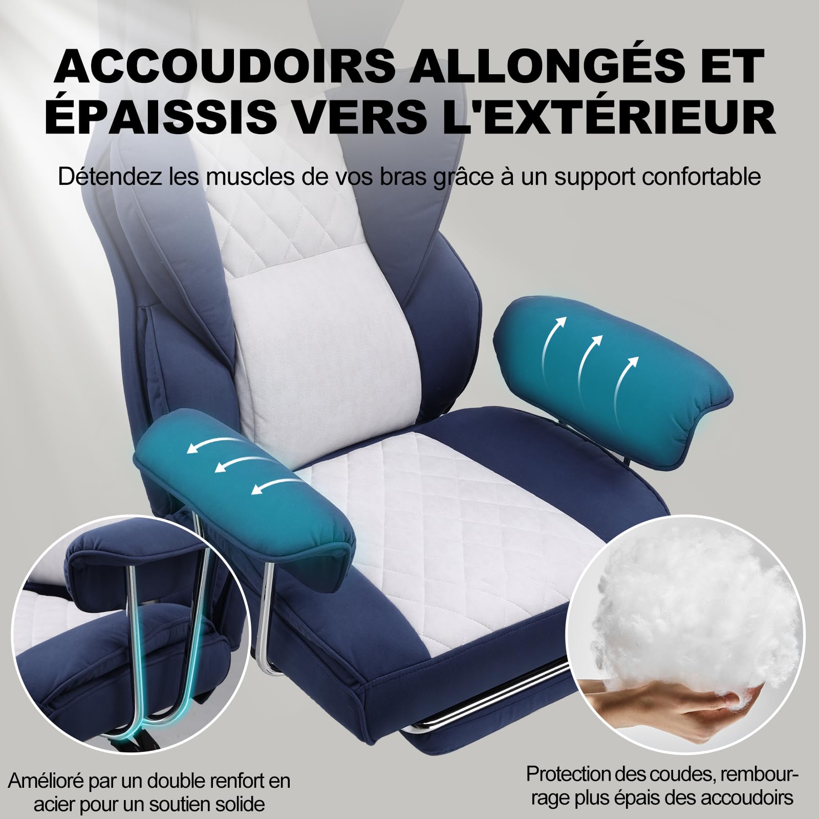 GTPLAYER Chaise Gaming, Chaise Gamer, siège Large accoudoirs, Repose-Pieds, Hauteur réglable, Supporte 150 kg, Bleu-Blanc