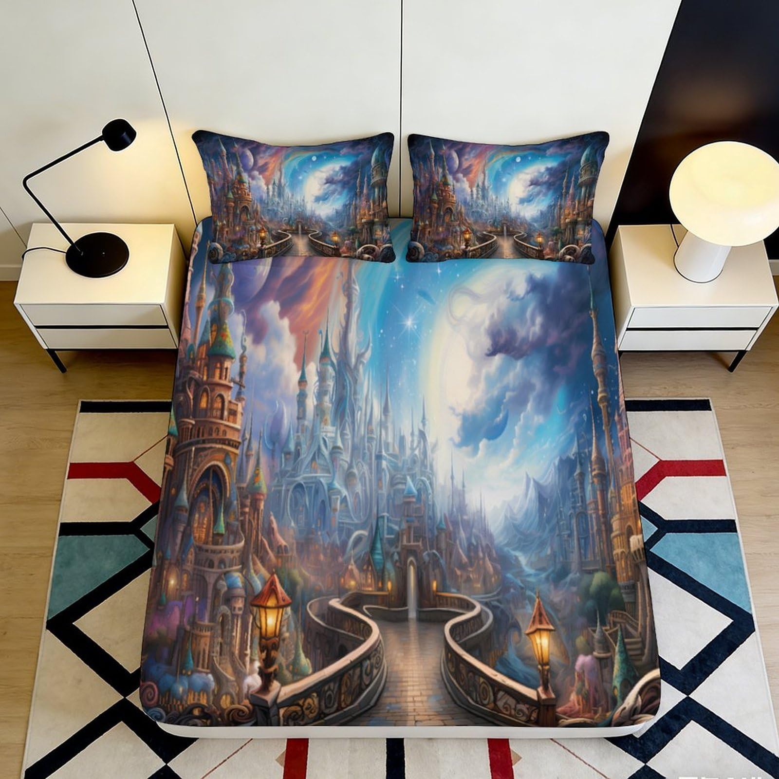 3D Printed Fantasy Castle Fitted Sheet Microfiber Soft Breathable Moonlight Night Bed Cover for Bedroom Dormitory Guest Room Mattress Protection 180x200x25cm