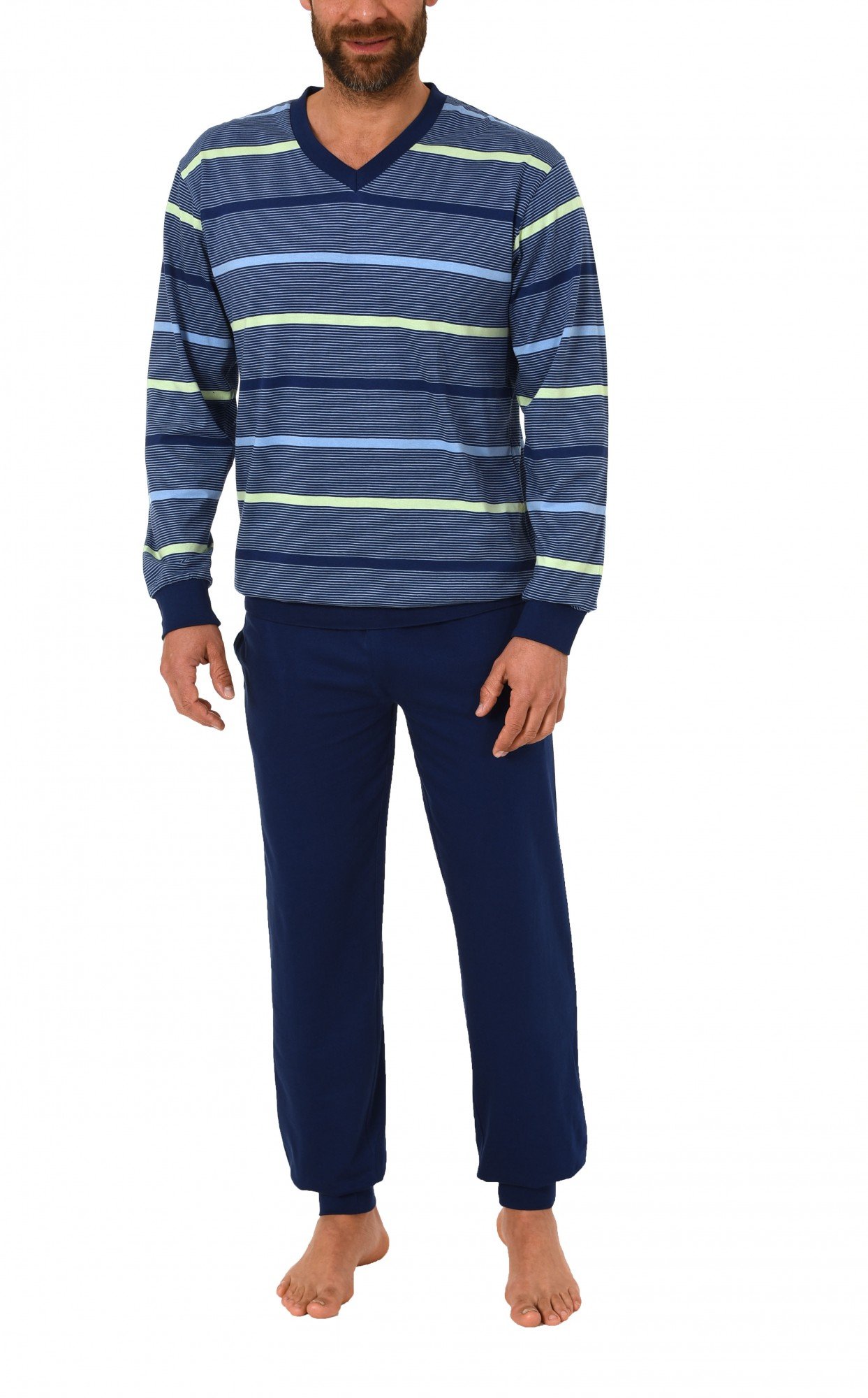 Eleganter Herren Frottee Pyjama Schlafanzug mit Bündchen in toller Streifenoptik - 62055