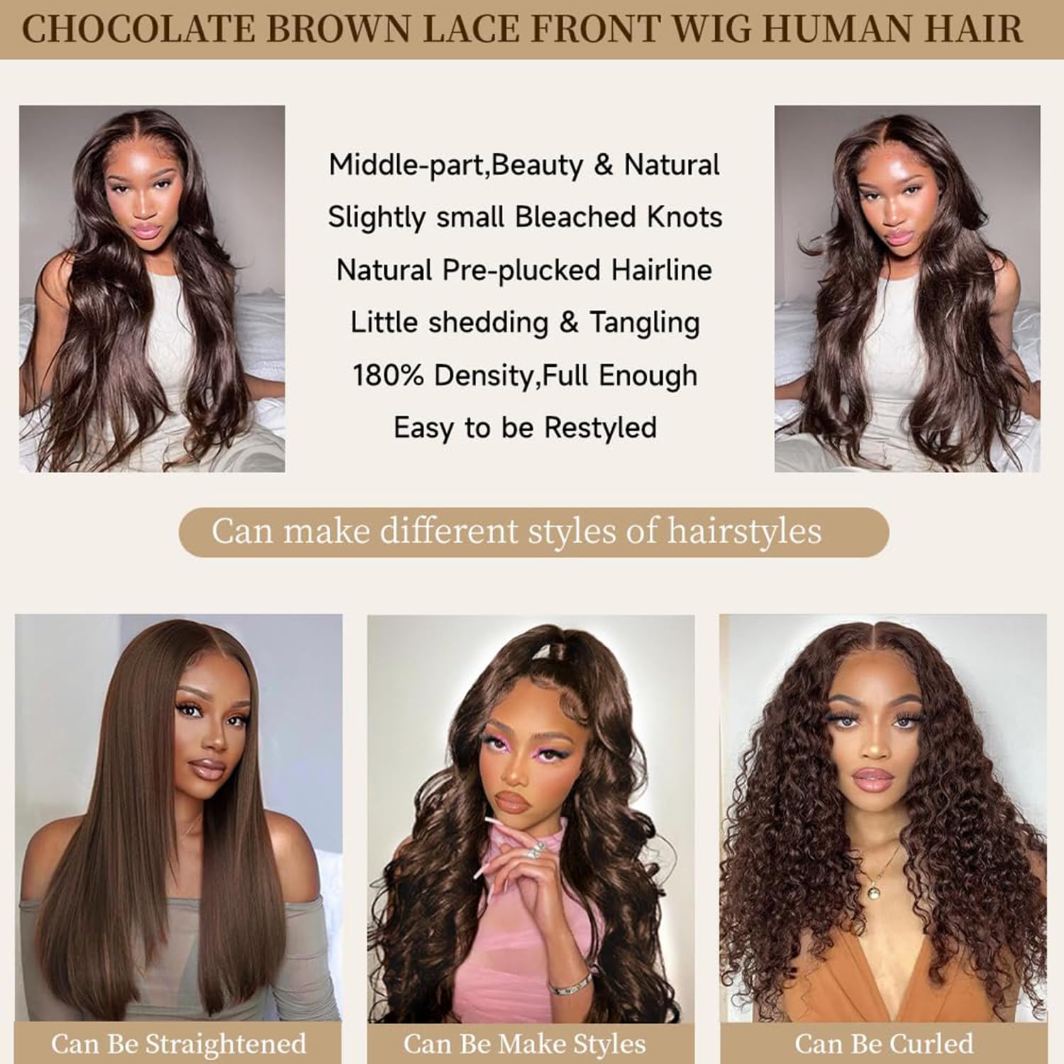 Chocolate Brown Human Hair Wig 13X4 Transparent Lace Front Wigs Pre Plucked Brown 200% Density Wig Human Hair Body Wave For Women 20 Inch - Image 3