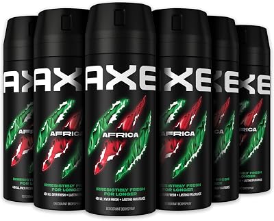 Axe Deodorante Uomo, Axe Africa, Freschezza Fino a 48h di Protezione, Deodorante Spray, Senza Sali di Alluminio, Adatto per Ascelle e Corpo*, Tecnologia Proteggi Odori, 6 Pezzi da 150 ml