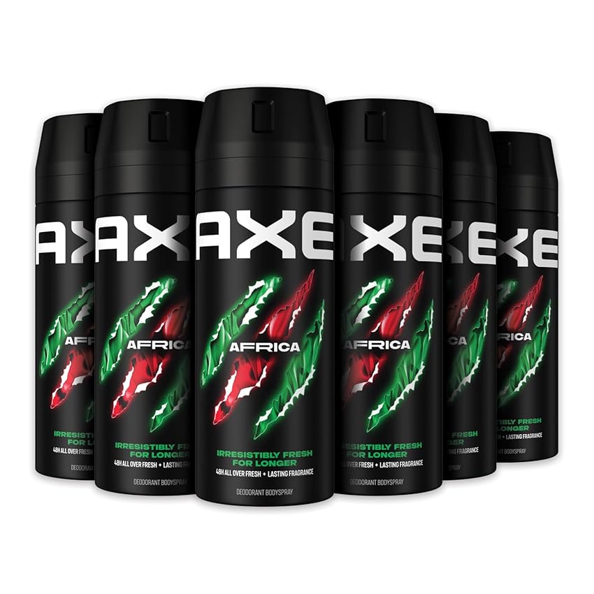 Axe Deodorante Uomo, Axe Africa, Freschezza Fino a 48h di Protezione, Deodorante Spray, Senza Sali di Alluminio, Adatto per Ascelle e Corpo*, Tecnologia Proteggi Odori, 6 Pezzi da 150 ml