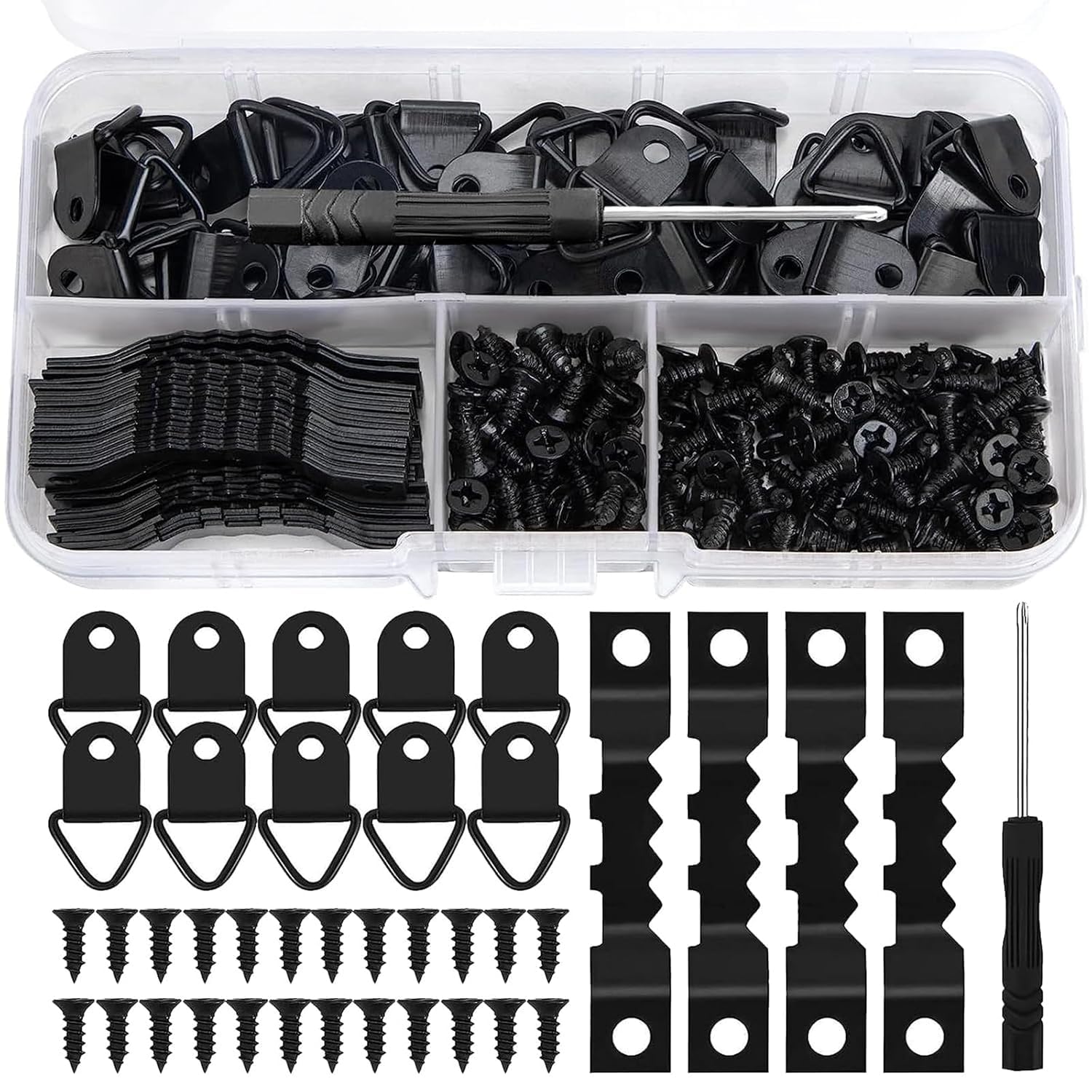 Homestead Decor Photo Frame Hanging Kit, Includes 50 Pcs Sawtooth Picture Frame Hanging, 50 Pcs D Ring Hanger, 200 Pcs Screws,1 Pcs Screwdriver for Hanging Pictures Photos Drawing 12 Partion Box-image-28