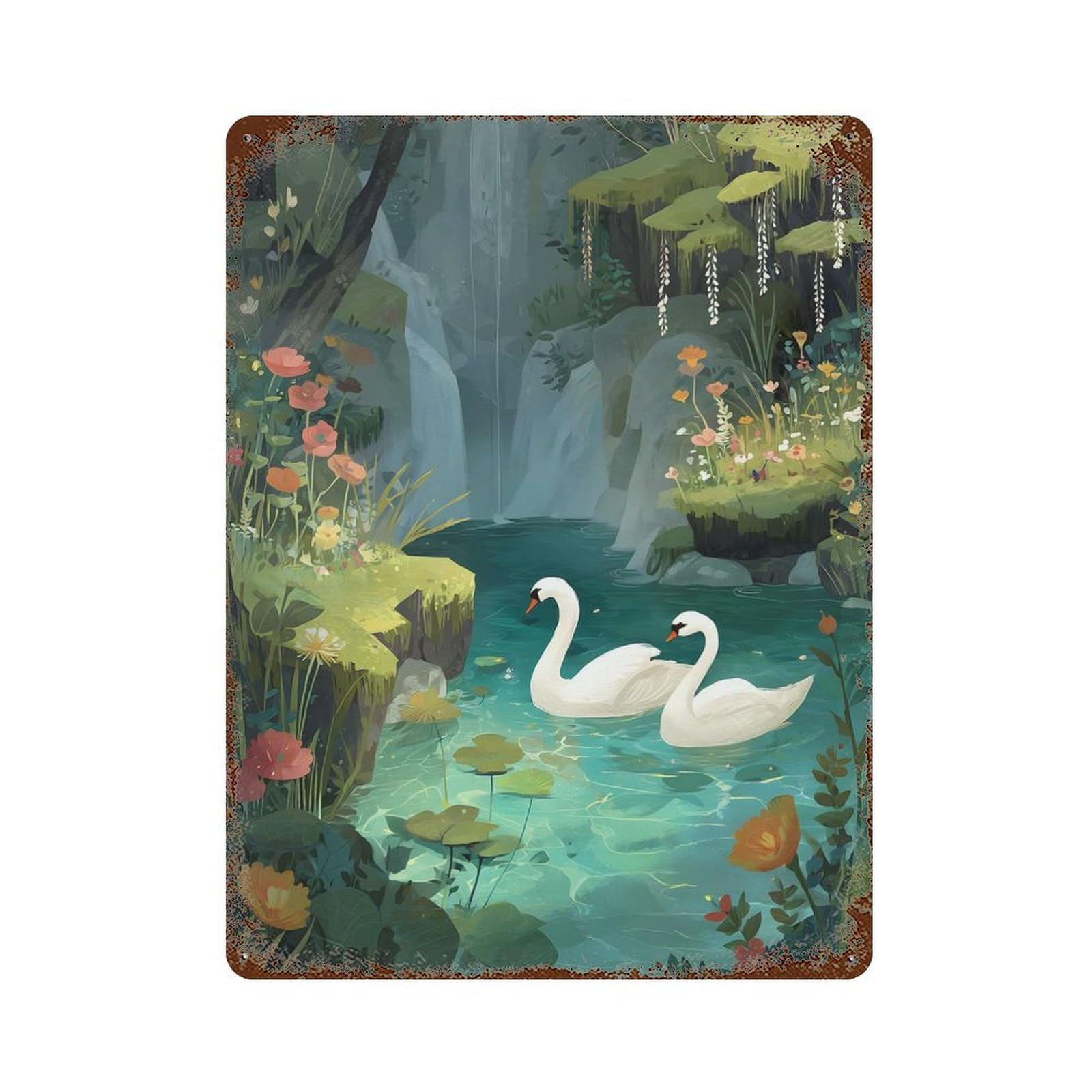 Swans in A Floral Waterfall Pond 15.7"x11.8" Rust Effect Tin Sign, Old School Wall Decor for Pub, Kitchen And Man Cave Decor